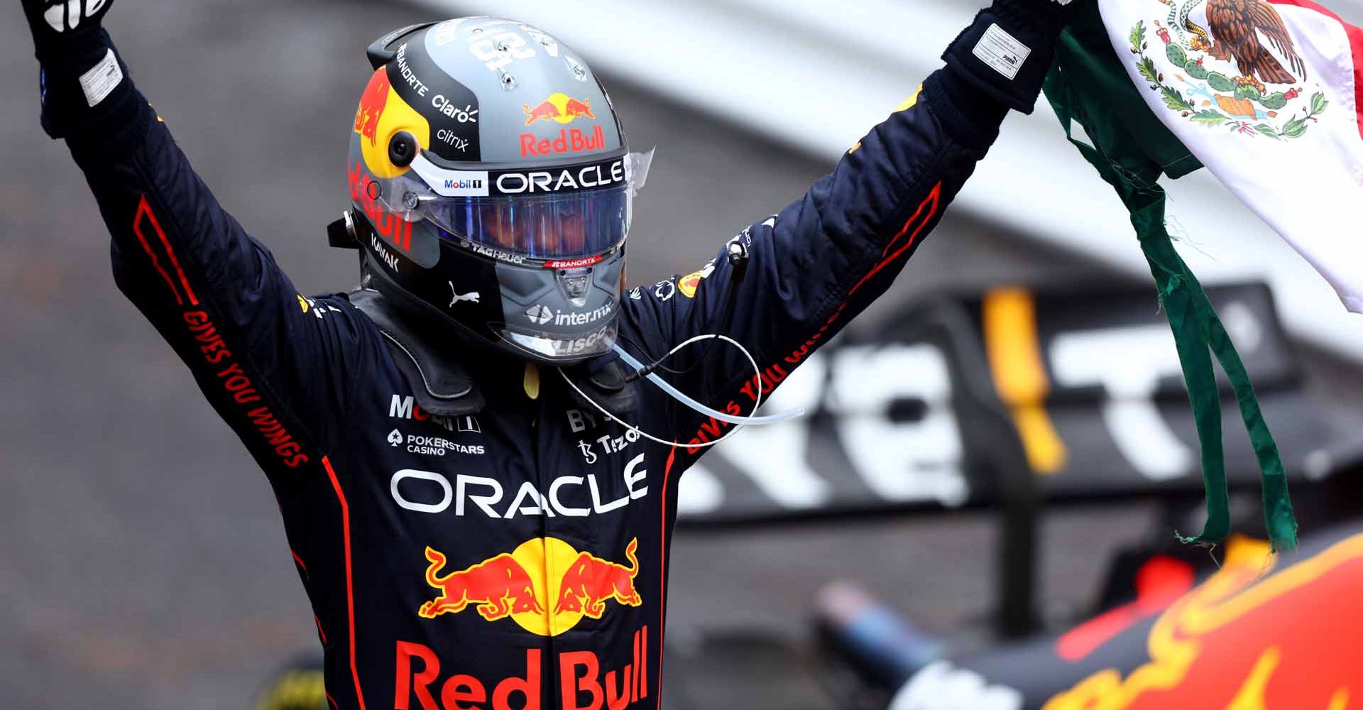 MONTE-CARLO, MONACO - MAY 29: Race winner Sergio Perez of Mexico and Oracle Red Bull Racing celebrates in parc ferme during the F1 Grand Prix of Monaco at Circuit de Monaco on May 29, 2022 in Monte-Carlo, Monaco. (Photo by Clive Rose/Getty Images)