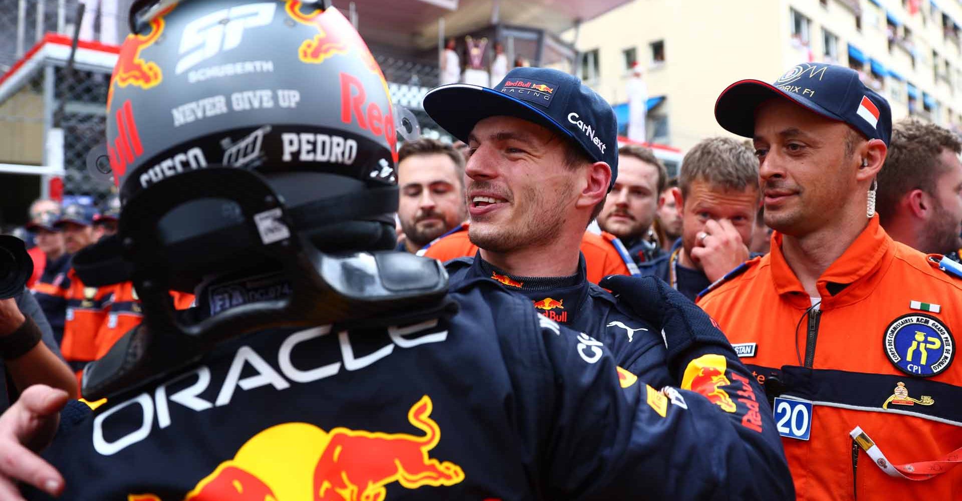 MONTE-CARLO, MONACO - MAY 29: Race winner Sergio Perez of Mexico and Oracle Red Bull Racing and Third placed Max Verstappen of the Netherlands and Oracle Red Bull Racing celebrate in parc ferme during the F1 Grand Prix of Monaco at Circuit de Monaco on May 29, 2022 in Monte-Carlo, Monaco. (Photo by Mark Thompson/Getty Images)