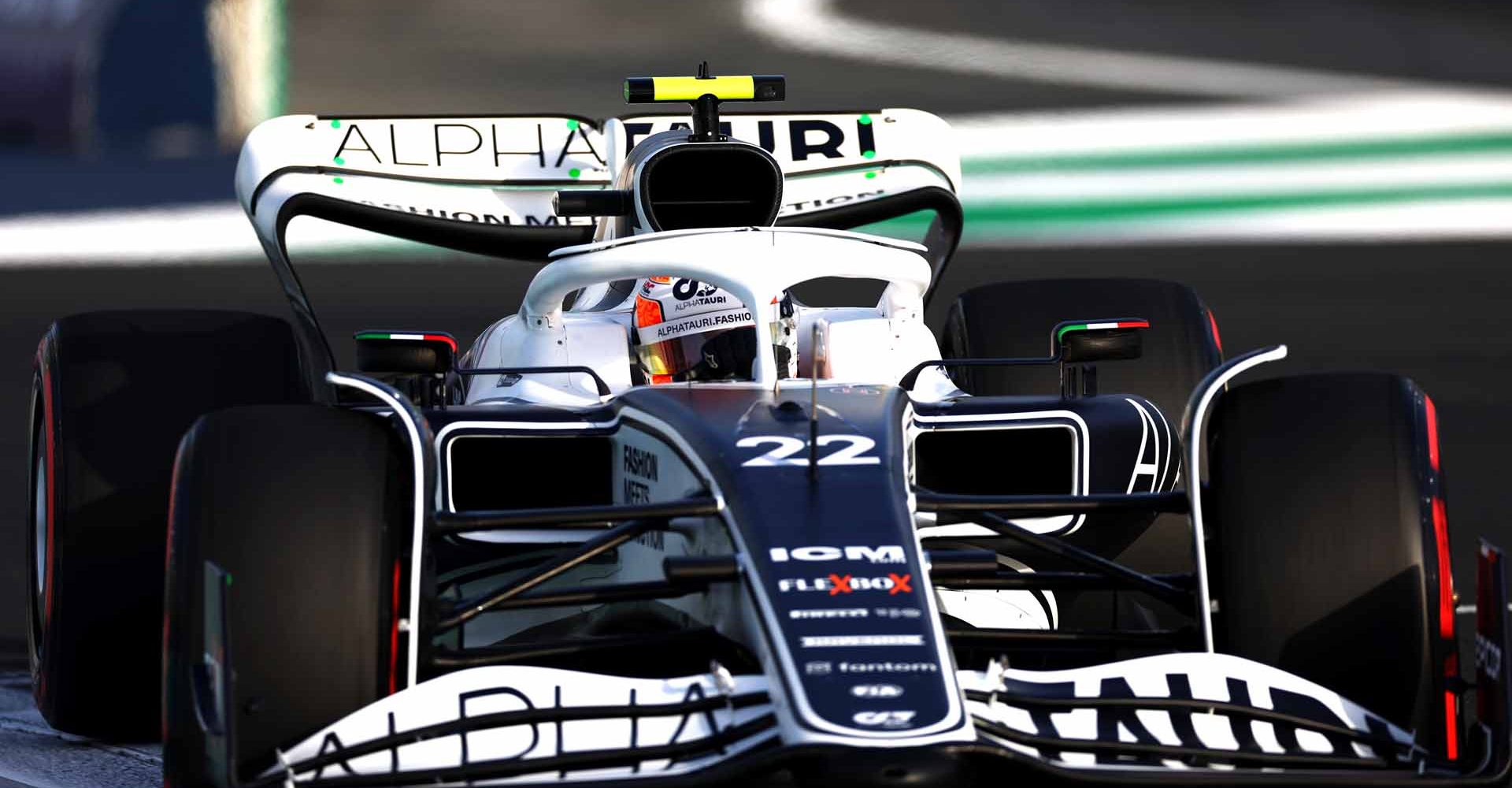 JEDDAH, SAUDI ARABIA - MARCH 26: Yuki Tsunoda of Japan driving the (22) Scuderia AlphaTauri AT03 on track during final practice ahead of the F1 Grand Prix of Saudi Arabia at the Jeddah Corniche Circuit on March 26, 2022 in Jeddah, Saudi Arabia. (Photo by Lars Baron/Getty Images)