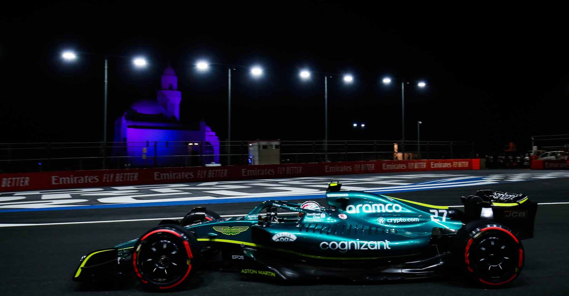 JEDDAH STREET CIRCUIT, SAUDI ARABIA - MARCH 26: Nico Hulkenberg, Aston Martin AMR22 during the Saudi Arabian GP at Jeddah Street Circuit on Saturday March 26, 2022 in Jeddah, Saudi Arabia. (Photo by Zak Mauger / LAT Images)