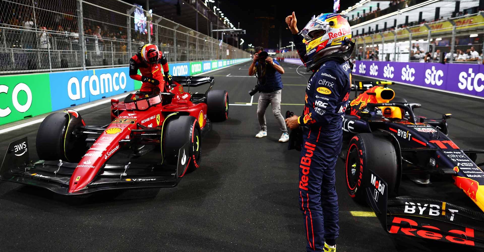 JEDDAH, SAUDI ARABIA - MARCH 26: Pole position qualifier Sergio Perez of Mexico and Oracle Red Bull Racing celebrates in parc ferme during qualifying ahead of the F1 Grand Prix of Saudi Arabia at the Jeddah Corniche Circuit on March 26, 2022 in Jeddah, Saudi Arabia. (Photo by Mark Thompson/Getty Images)