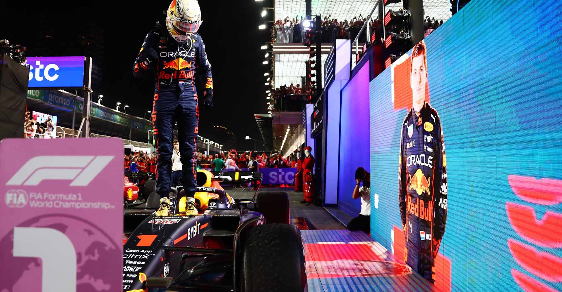 JEDDAH, SAUDI ARABIA - MARCH 27: Race winner Max Verstappen of the Netherlands and Oracle Red Bull Racing celebrates in parc ferme during the F1 Grand Prix of Saudi Arabia at the Jeddah Corniche Circuit on March 27, 2022 in Jeddah, Saudi Arabia. (Photo by Mark Thompson/Getty Images)