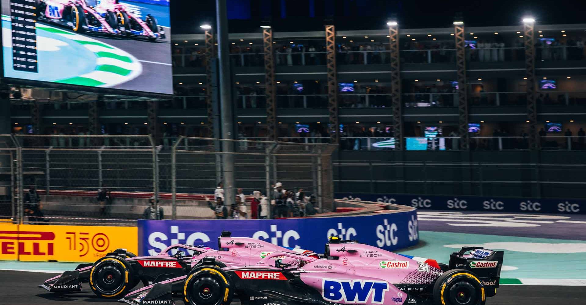 Esteban Ocon (FRA) Alpine F1 Team A522 and team mate Fernando Alonso (ESP) Alpine F1 Team A522 battle for position.  Saudi Arabian Grand Prix, Sunday 27th March 2022. Jeddah, Saudi Arabia.