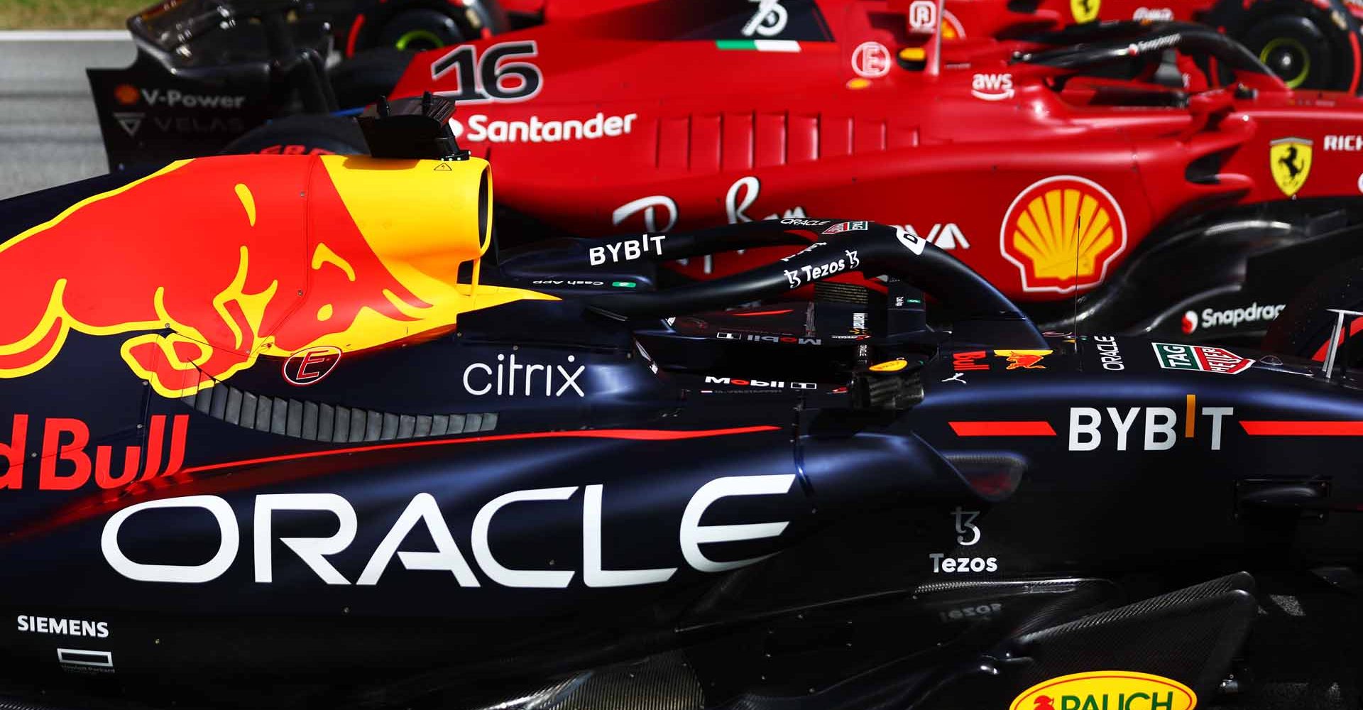 BARCELONA, SPAIN - MAY 21: The car of Second placed qualifier Max Verstappen of the Netherlands and Oracle Red Bull Racing is pictured in parc ferme next to the cars of Pole position qualifier Charles Leclerc of Monaco and Ferrari and Third placed qualifier Carlos Sainz of Spain and Ferrari during qualifying ahead of the F1 Grand Prix of Spain at Circuit de Barcelona-Catalunya on May 21, 2022 in Barcelona, Spain. (Photo by Mark Thompson/Getty Images)