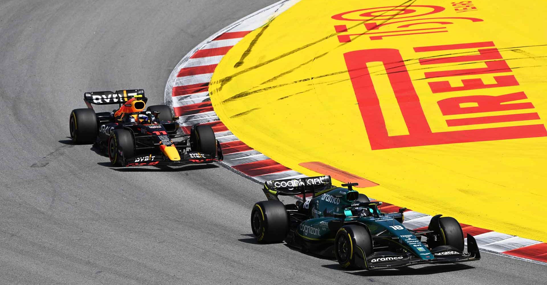 action, Pirelli, Circuit de Barcelona-Catalunya, GP2206a, F1, GP, Spain
Lance Stroll, Aston Martin AMR22, leads Sergio Perez, Red Bull Racing RB18