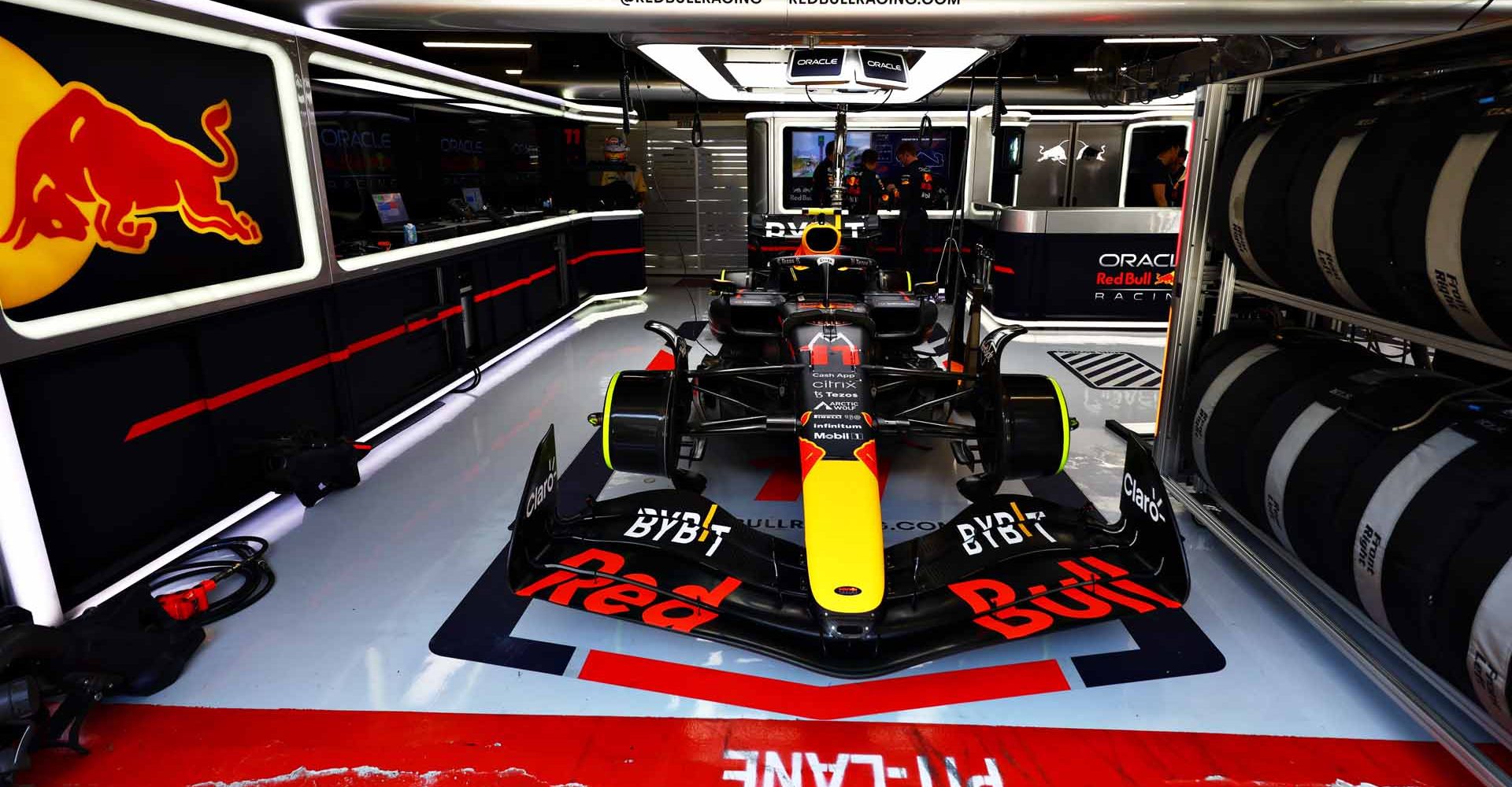 BARCELONA, SPAIN - MAY 22: The car of Sergio Perez of Mexico and Oracle Red Bull Racing is pictured in the garage prior to the F1 Grand Prix of Spain at Circuit de Barcelona-Catalunya on May 22, 2022 in Barcelona, Spain. (Photo by Mark Thompson/Getty Images)