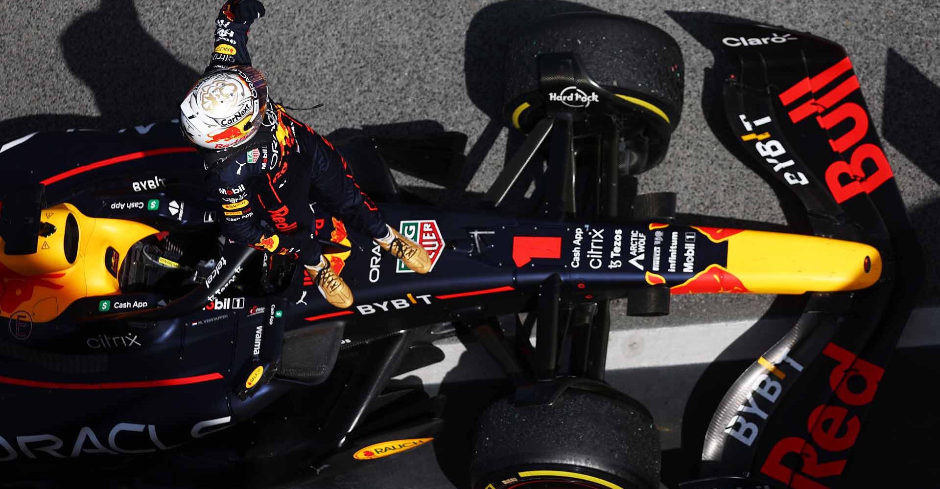 BARCELONA, SPAIN - MAY 22: Race winner Max Verstappen of the Netherlands and Oracle Red Bull Racing celebrates in parc ferme during the F1 Grand Prix of Spain at Circuit de Barcelona-Catalunya on May 22, 2022 in Barcelona, Spain. (Photo by Lars Baron/Getty Images)