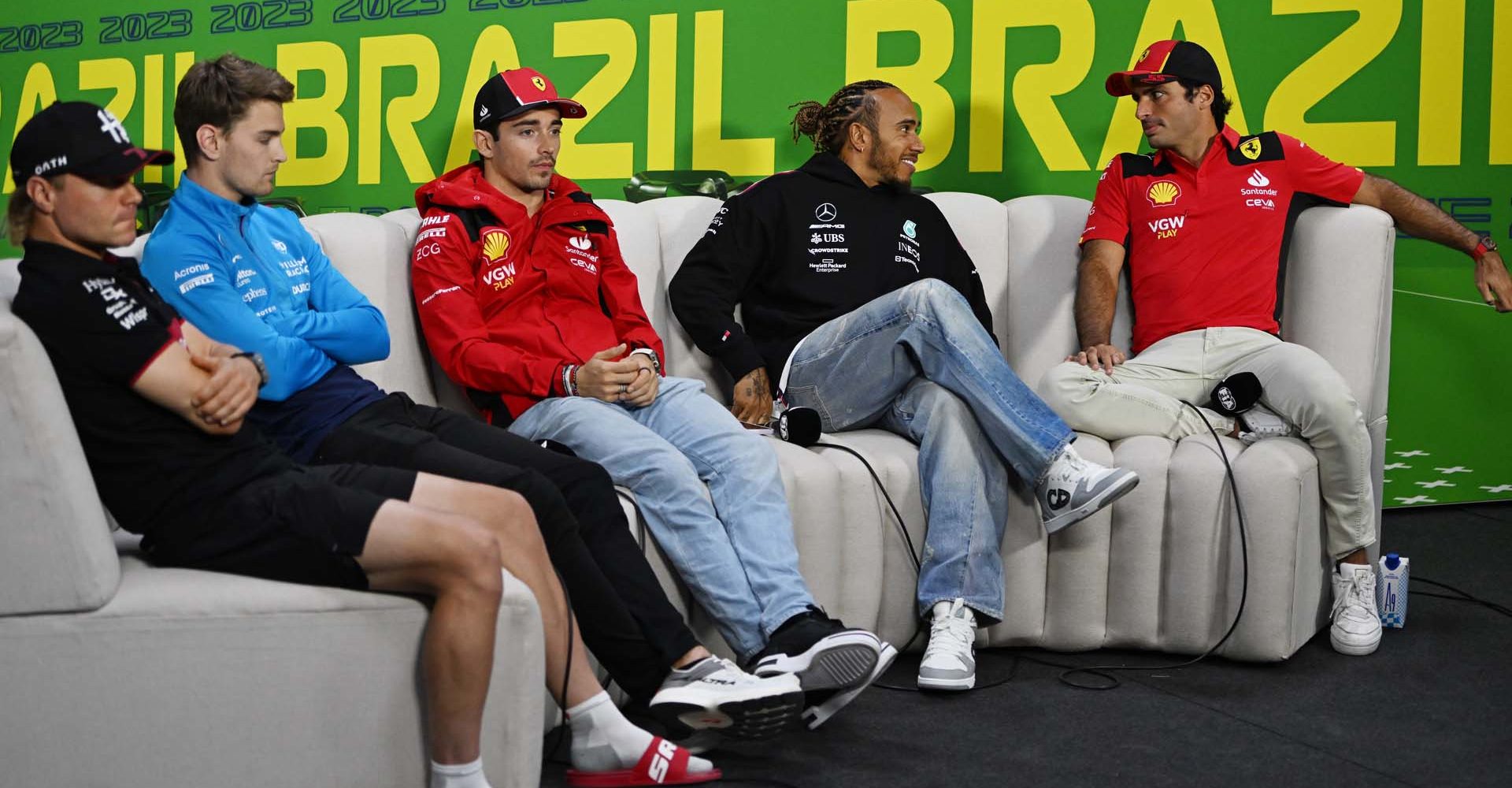 (L to R): Valtteri Bottas (FIN) Alfa Romeo F1 Team; Logan Sargeant (USA) Williams Racing; Charles Leclerc (MON) Ferrari; Lewis Hamilton (GBR) Mercedes AMG F1; and Carlos Sainz Jr (ESP) Ferrari, in the FIA Press Conference.
Formula 1 World Championship, Rd 21, Brazilian Grand Prix, Thursday 2nd November 2023. Sao Paulo, Brazil.