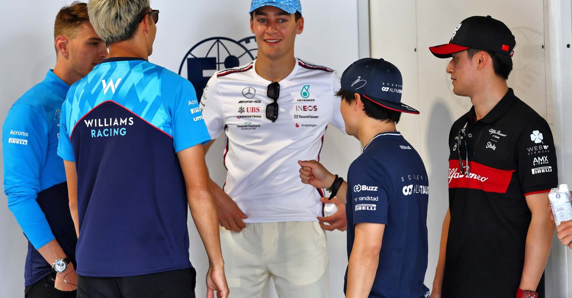 (L to R): Logan Sargeant (USA) Williams Racing; Alexander Albon (THA) Williams Racing; George Russell (GBR) Mercedes AMG F1; Yuki Tsunoda (JPN) AlphaTauri; and Zhou Guanyu (CHN) Alfa Romeo F1 Team, on the drivers' parade.
Formula 1 World Championship, Rd 5, Miami Grand Prix, Sunday 7th May 2023. Miami International Autodrome, Miami, Florida, USA.