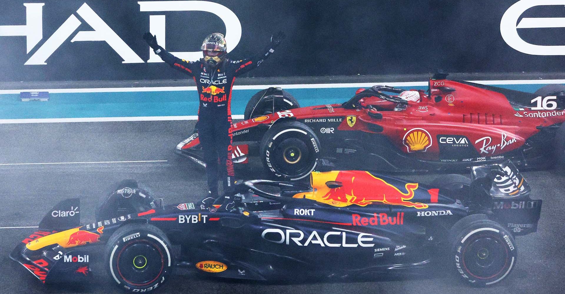 ABU DHABI, UNITED ARAB EMIRATES - NOVEMBER 26: Race winner Max Verstappen of the Netherlands and Oracle Red Bull Racing celebrates in parc ferme during the F1 Grand Prix of Abu Dhabi at Yas Marina Circuit on November 26, 2023 in Abu Dhabi, United Arab Emirates. (Photo by Clive Rose/Getty Images) // Getty Images / Red Bull Content Pool // SI202311260250 // Usage for editorial use only //