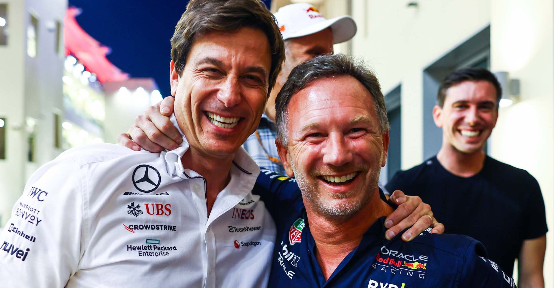 ABU DHABI, UNITED ARAB EMIRATES - NOVEMBER 26: Red Bull Racing Team Principal Christian Horner and Mercedes GP Executive Director Toto Wolff pose for a photo in the Paddock after the F1 Grand Prix of Abu Dhabi at Yas Marina Circuit on November 26, 2023 in Abu Dhabi, United Arab Emirates. (Photo by Mark Thompson/Getty Images) // Getty Images / Red Bull Content Pool // SI202311260421 // Usage for editorial use only //