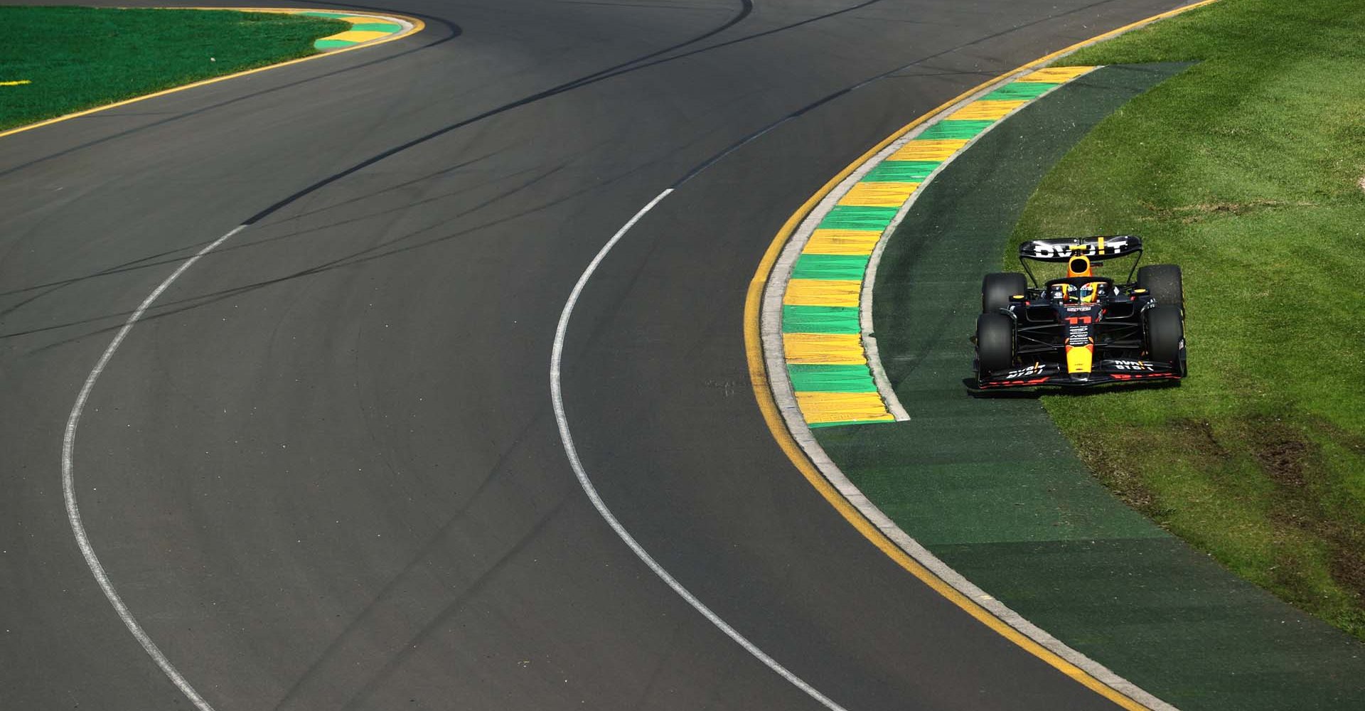 MELBOURNE, AUSTRALIA - MARCH 31: Sergio Perez of Mexico driving the (11) Oracle Red Bull Racing RB19 runs wide during practice ahead of the F1 Grand Prix of Australia at Albert Park Grand Prix Circuit on March 31, 2023 in Melbourne, Australia. (Photo by Robert Cianflone/Getty Images)