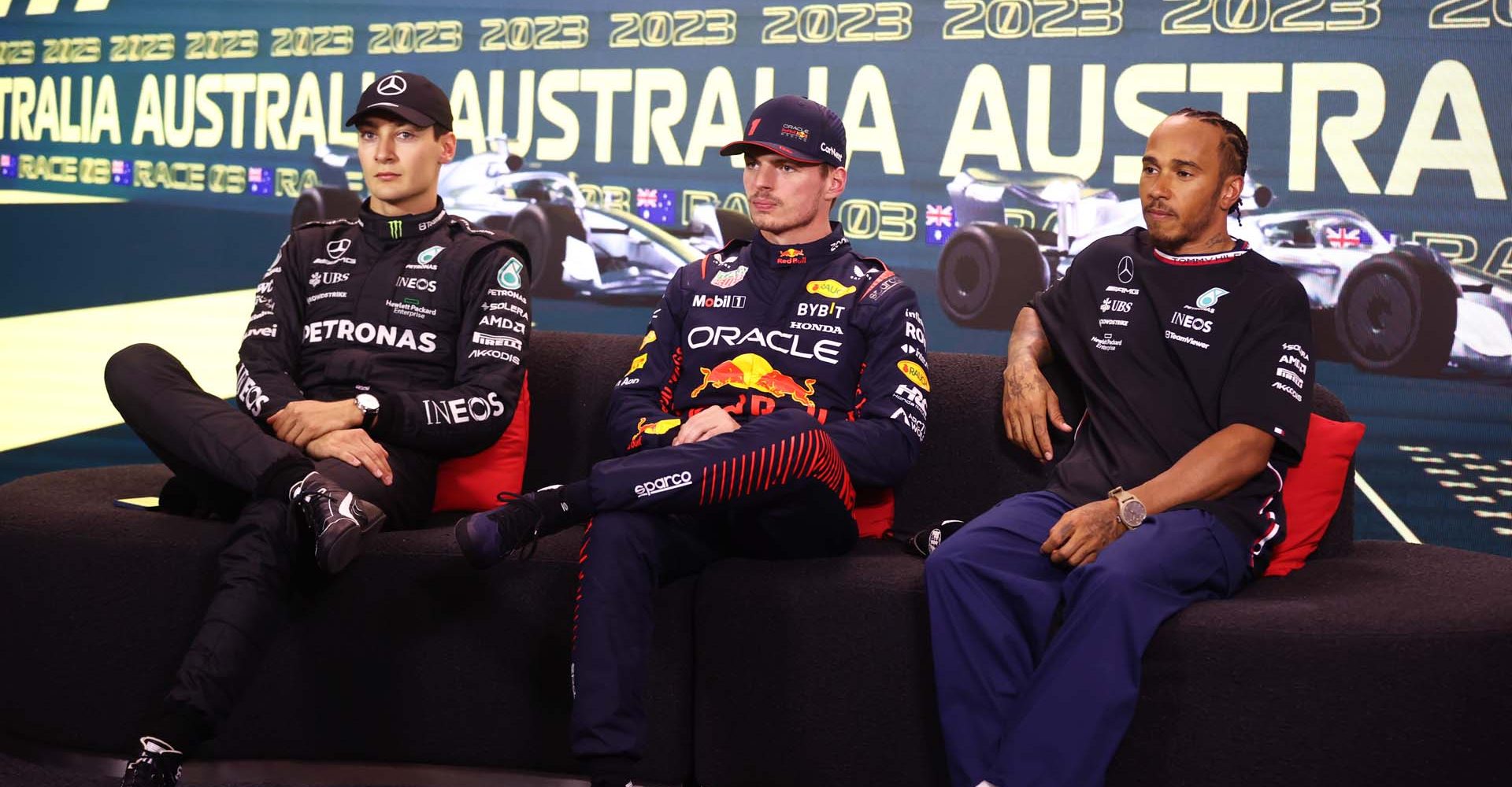 MELBOURNE, AUSTRALIA - APRIL 01: Pole position qualifier Max Verstappen of the Netherlands and Oracle Red Bull Racing (C), Second placed qualifier George Russell of Great Britain and Mercedes (L) and Third placed qualifier Lewis Hamilton of Great Britain and Mercedes (R) attend the press conference after qualifying ahead of the F1 Grand Prix of Australia at Albert Park Grand Prix Circuit on April 01, 2023 in Melbourne, Australia. (Photo by Robert Cianflone/Getty Images)