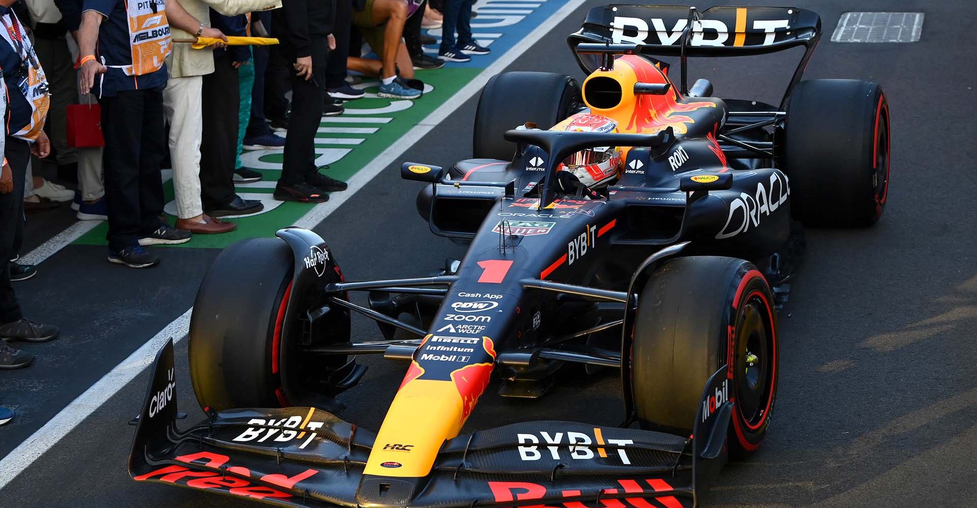 MELBOURNE, AUSTRALIA - APRIL 02: Race winner Max Verstappen of the Netherlands driving the (1) Oracle Red Bull Racing RB19 into parc ferme during the F1 Grand Prix of Australia at Albert Park Grand Prix Circuit on April 02, 2023 in Melbourne, Australia. (Photo by Quinn Rooney/Getty Images)