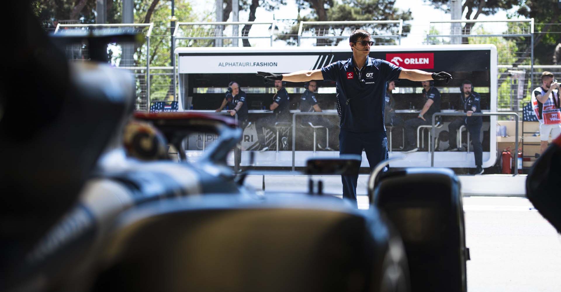 BAKU, AZERBAIJAN - APRIL 29: The Scuderia AlphaTauri team work in the Pitlane during the Sprint Shootout ahead of the F1 Grand Prix of Azerbaijan at Baku City Circuit on April 29, 2023 in Baku, Azerbaijan. (Photo by Rudy Carezzevoli/Getty Images)