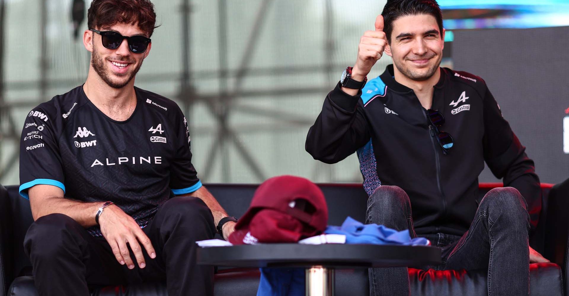 (L to R): Pierre Gasly (FRA) Alpine F1 Team and Esteban Ocon (FRA) Alpine F1 Team on the FanZone Stage.  Formula 1 World Championship, Rd 4, Azerbaijan Grand Prix, Saturday 29th April 2023. Baku City Circuit, Azerbaijan.