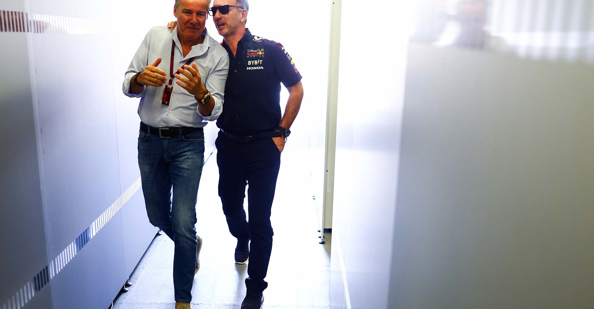 BAKU, AZERBAIJAN - APRIL 29: Red Bull Racing Team Principal Christian Horner talks with Raymond Vermeulen in the garage during the Sprint Shootout ahead of the F1 Grand Prix of Azerbaijan at Baku City Circuit on April 29, 2023 in Baku, Azerbaijan. (Photo by Mark Thompson/Getty Images)