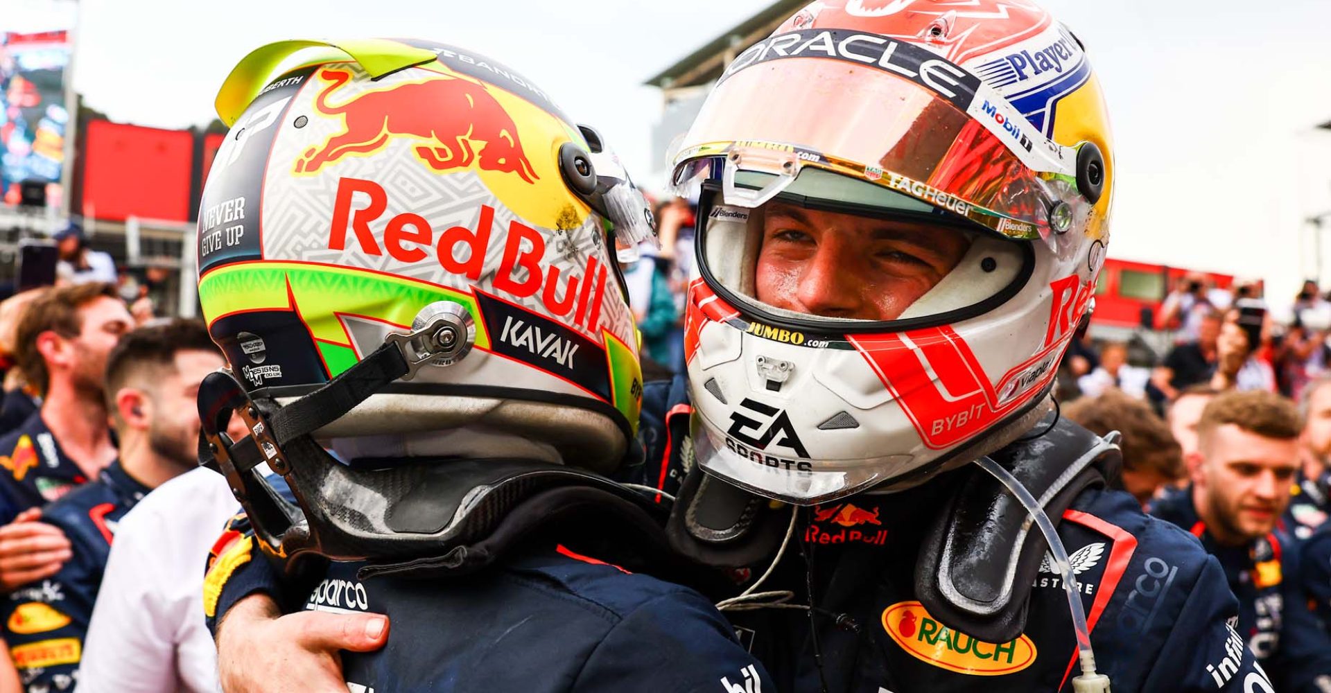 BAKU, AZERBAIJAN - APRIL 30: Race winner Sergio Perez of Mexico and Oracle Red Bull Racing and Second placed Max Verstappen of the Netherlands and Oracle Red Bull Racing celebrate in parc ferme during the F1 Grand Prix of Azerbaijan at Baku City Circuit on April 30, 2023 in Baku, Azerbaijan. (Photo by Mark Thompson/Getty Images)