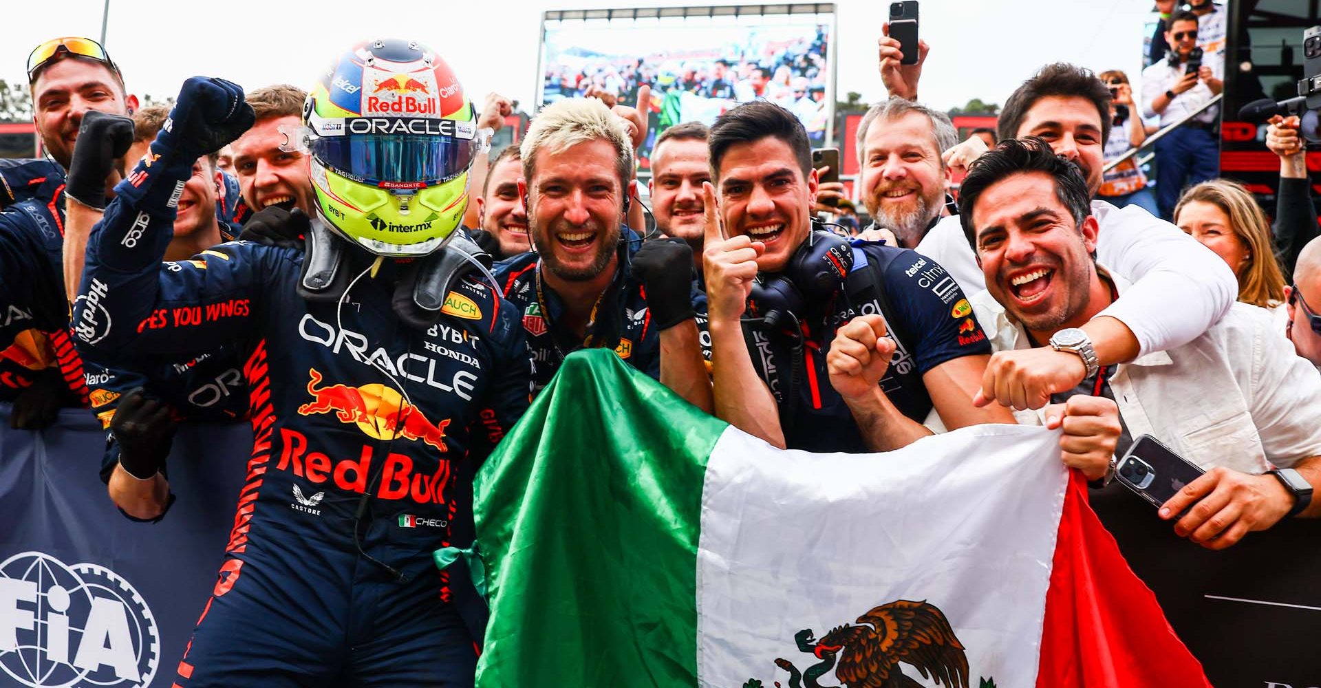 BAKU, AZERBAIJAN - APRIL 30: Race winner Sergio Perez of Mexico and Oracle Red Bull Racing celebrates with teammates in parc ferme during the F1 Grand Prix of Azerbaijan at Baku City Circuit on April 30, 2023 in Baku, Azerbaijan. (Photo by Mark Thompson/Getty Images)