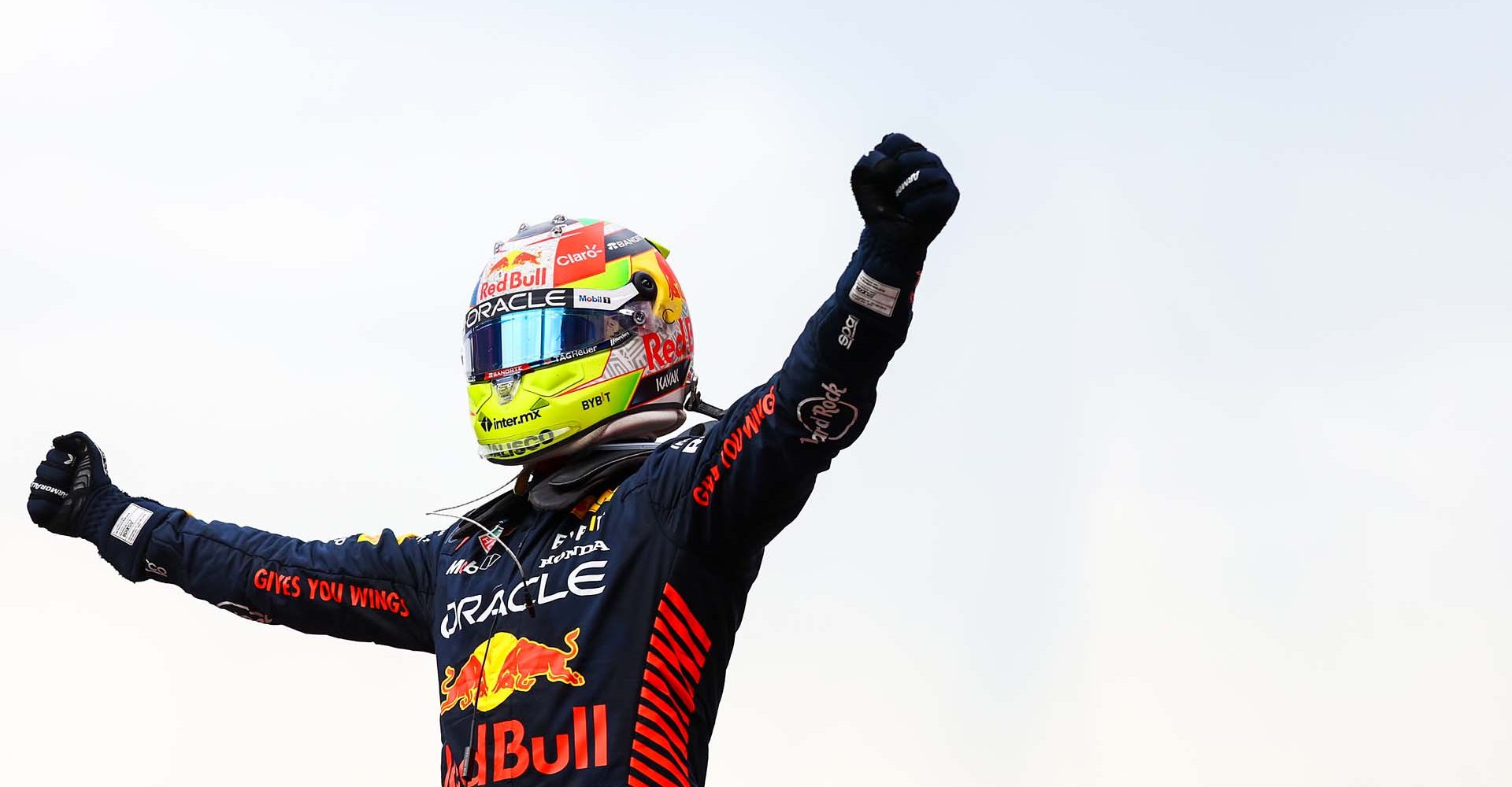 BAKU, AZERBAIJAN - APRIL 30: Race winner Sergio Perez of Mexico and Oracle Red Bull Racing celebrates in parc ferme during the F1 Grand Prix of Azerbaijan at Baku City Circuit on April 30, 2023 in Baku, Azerbaijan. (Photo by Mark Thompson/Getty Images)