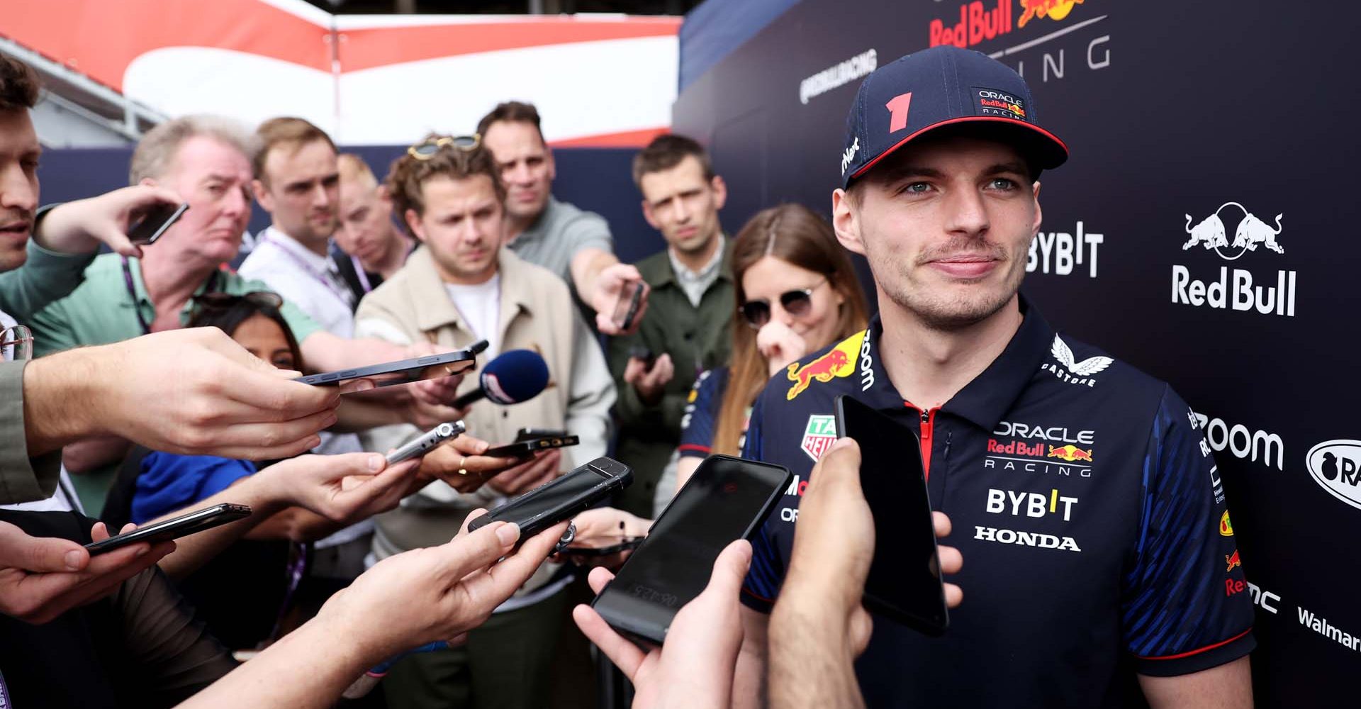 BAKU, AZERBAIJAN - APRIL 27: Max Verstappen of the Netherlands and Oracle Red Bull Racing talks to the media in the Paddock during previews ahead of the F1 Grand Prix of Azerbaijan at Baku City Circuit on April 27, 2023 in Baku, Azerbaijan. (Photo by Francois Nel/Getty Images)