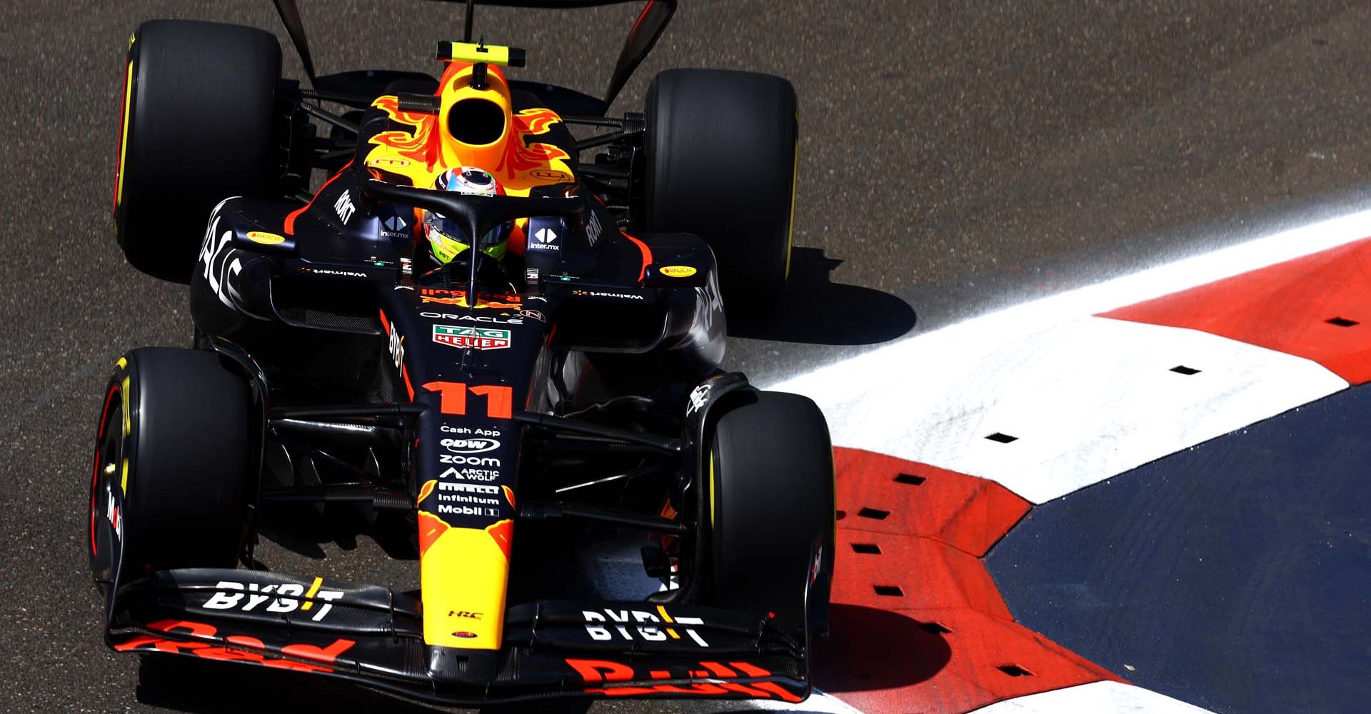 BAKU, AZERBAIJAN - APRIL 28: Sergio Perez of Mexico driving the (11) Oracle Red Bull Racing RB19 on track during practice ahead of the F1 Grand Prix of Azerbaijan at Baku City Circuit on April 28, 2023 in Baku, Azerbaijan. (Photo by Mark Thompson/Getty Images)