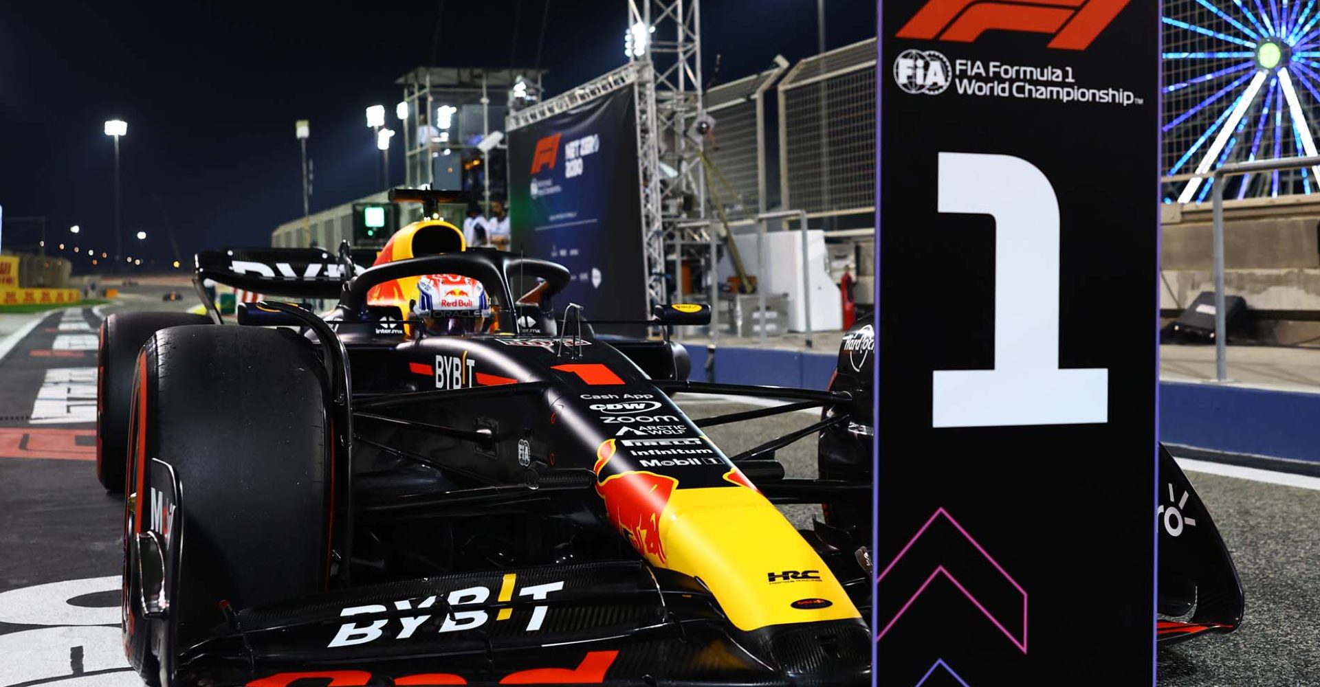 BAHRAIN, BAHRAIN - MARCH 04: Pole position qualifier Max Verstappen of the Netherlands driving the (1) Oracle Red Bull Racing RB19 stops in parc ferme during qualifying ahead of the F1 Grand Prix of Bahrain at Bahrain International Circuit on March 04, 2023 in Bahrain, Bahrain. (Photo by Mark Thompson/Getty Images)