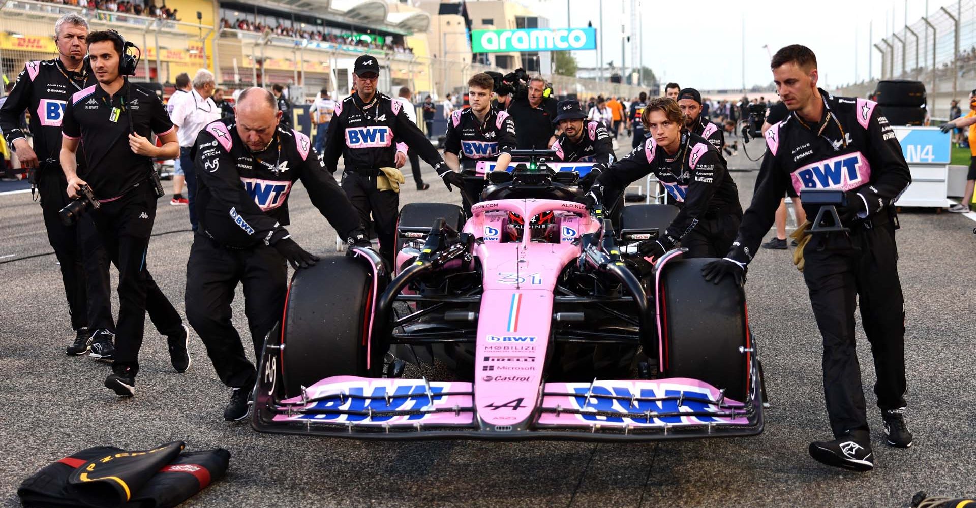 Esteban Ocon (FRA) Alpine F1 Team A523 on the grid.  Formula One World Championship, Rd 1, Bahrain Grand Prix, Sunday 5th March 2023. Sakhir, Bahrain.