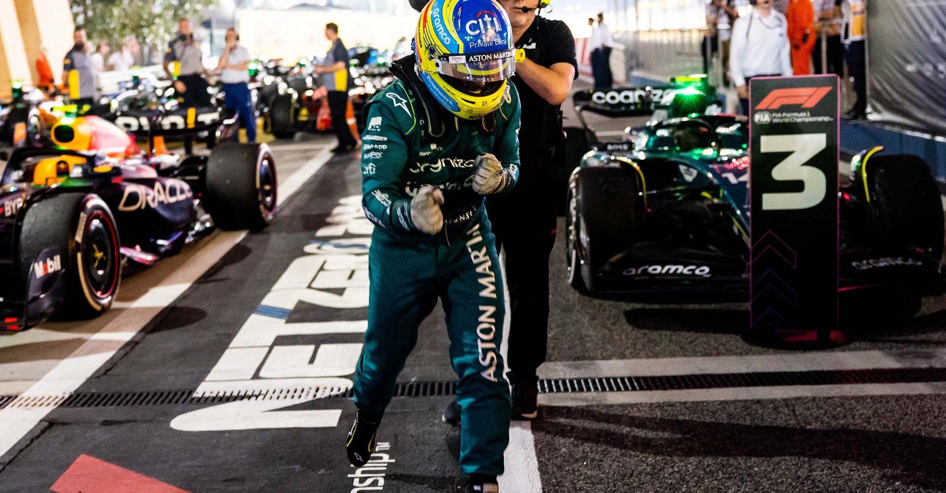 Portrait, Helmets, Finish, TS-Live, Bahrain International Circuit, GP2301a, F1, GP, Bahrain
Fernando Alonso, Aston Martin F1 Team, 3rd position, celebrates in Parc Ferme