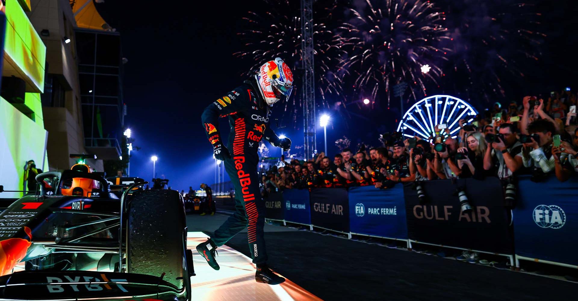 BAHRAIN, BAHRAIN - MARCH 05: Race winner Max Verstappen of the Netherlands and Oracle Red Bull Racing celebrates in parc ferme during the F1 Grand Prix of Bahrain at Bahrain International Circuit on March 05, 2023 in Bahrain, Bahrain. (Photo by Mark Thompson/Getty Images)