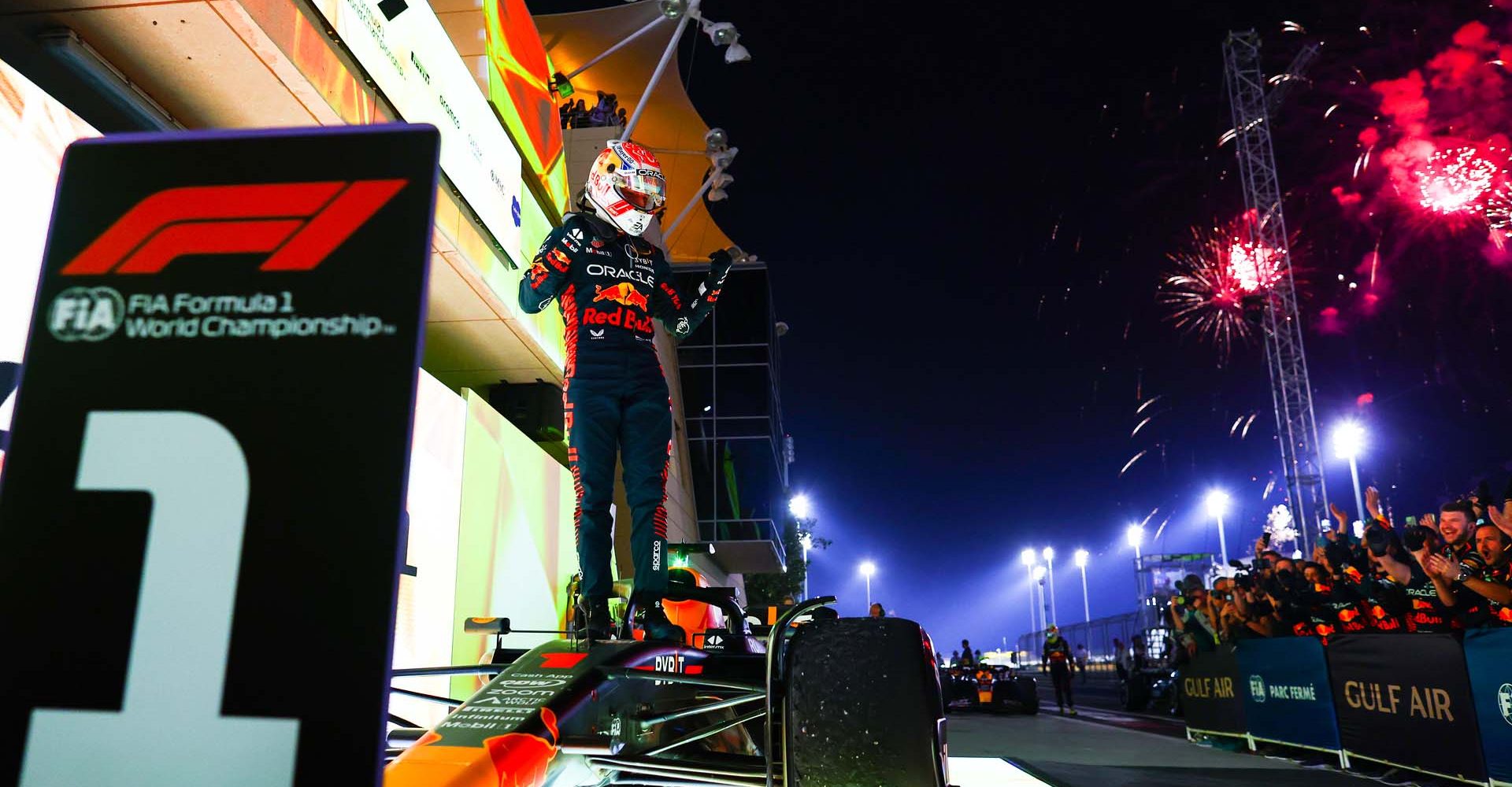 BAHRAIN, BAHRAIN - MARCH 05: Race winner Max Verstappen of the Netherlands and Oracle Red Bull Racing celebrates in parc ferme during the F1 Grand Prix of Bahrain at Bahrain International Circuit on March 05, 2023 in Bahrain, Bahrain. (Photo by Mark Thompson/Getty Images)