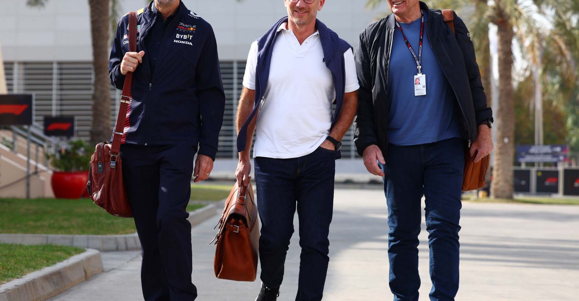 BAHRAIN, BAHRAIN - FEBRUARY 25: Adrian Newey, the Chief Technical Officer of Red Bull Racing, Red Bull Racing Team Principal Christian Horner and Red Bull Racing Team Consultant Dr Helmut Marko walk in the Paddock during day three of F1 Testing at Bahrain International Circuit on February 25, 2023 in Bahrain, Bahrain. (Photo by Mark Thompson/Getty Images)