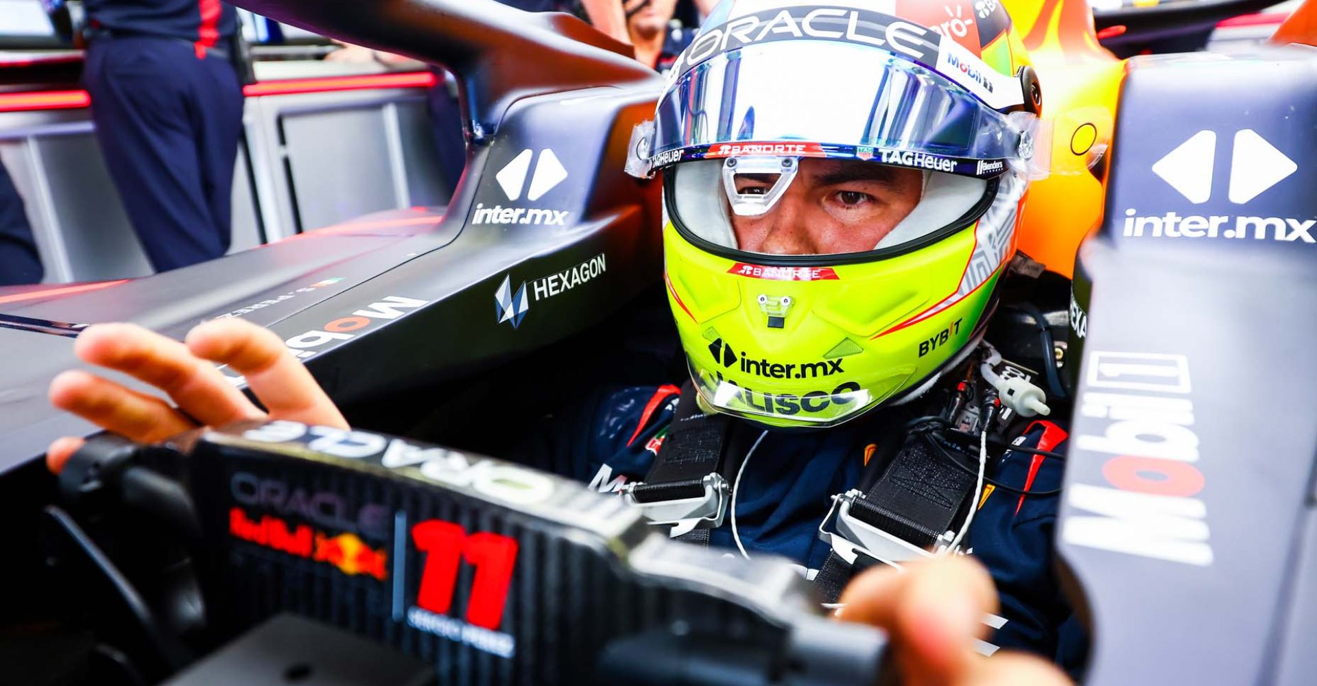 BAHRAIN, BAHRAIN - FEBRUARY 25: Sergio Perez of Mexico and Oracle Red Bull Racing prepares to drive in the garage during day three of F1 Testing at Bahrain International Circuit on February 25, 2023 in Bahrain, Bahrain. (Photo by Mark Thompson/Getty Images)