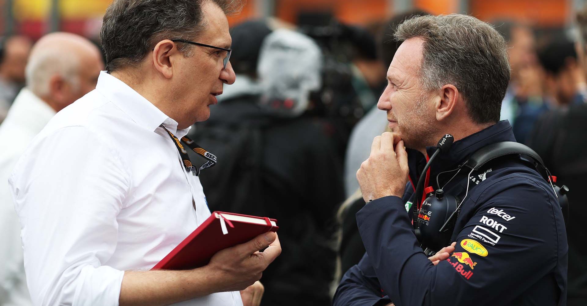 SPA, BELGIUM - JULY 30: Red Bull Racing Team Principal Christian Horner talks with Nikolas Tombazis, FIA Single Seater Director on the grid prior to the F1 Grand Prix of Belgium at Circuit de Spa-Francorchamps on July 30, 2023 in Spa, Belgium. (Photo by Peter Fox/Getty Images)