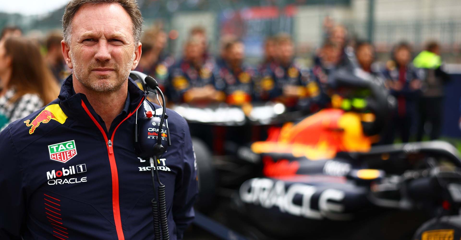 SPA, BELGIUM - JULY 30: Red Bull Racing Team Principal Christian Horner looks on from the grid prior to the F1 Grand Prix of Belgium at Circuit de Spa-Francorchamps on July 30, 2023 in Spa, Belgium. (Photo by Mark Thompson/Getty Images)