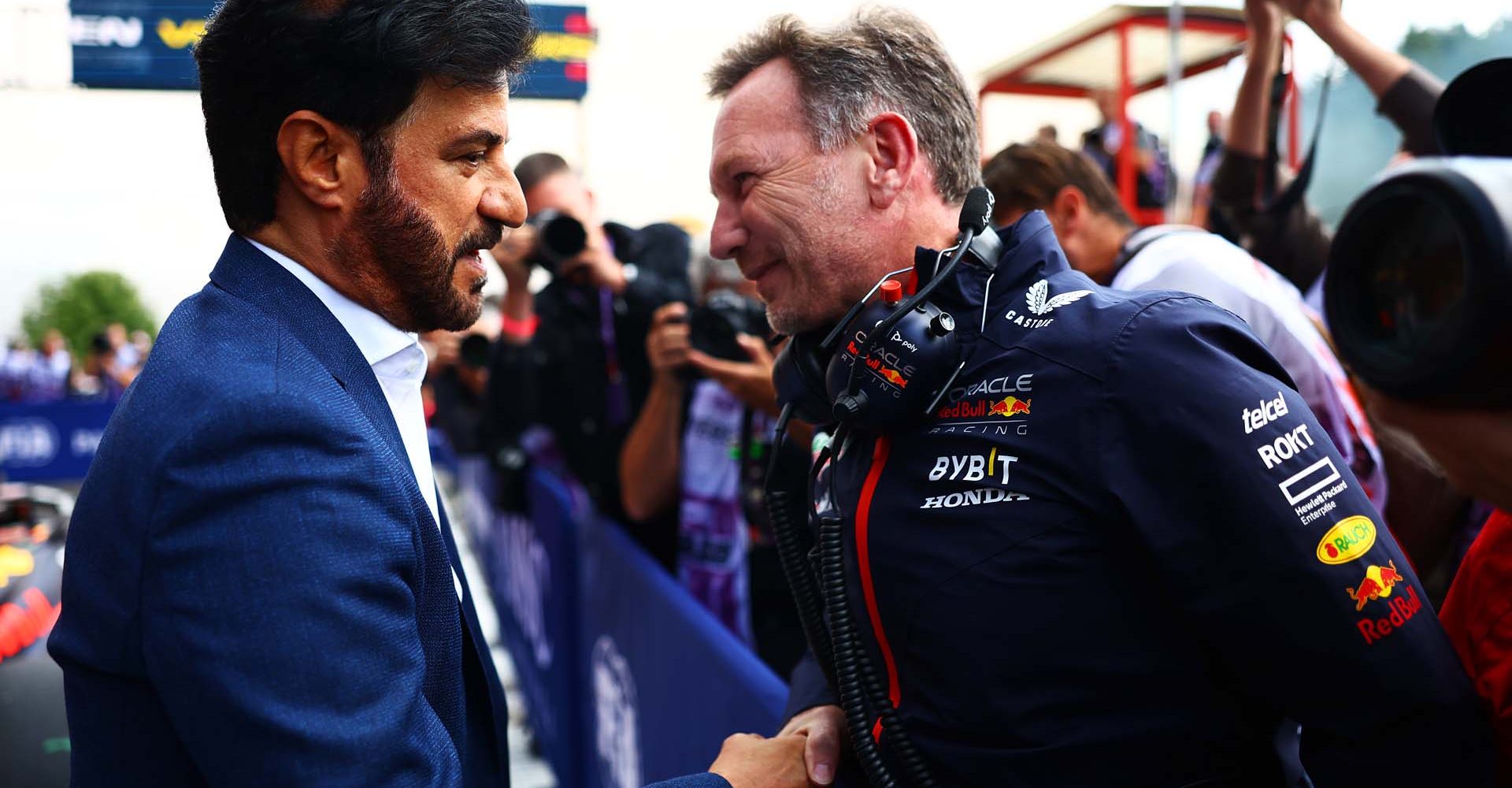 SPA, BELGIUM - JULY 30: Red Bull Racing Team Principal Christian Horner talks with Mohammed ben Sulayem, FIA President, in parc ferme during the F1 Grand Prix of Belgium at Circuit de Spa-Francorchamps on July 30, 2023 in Spa, Belgium. (Photo by Mark Thompson/Getty Images)