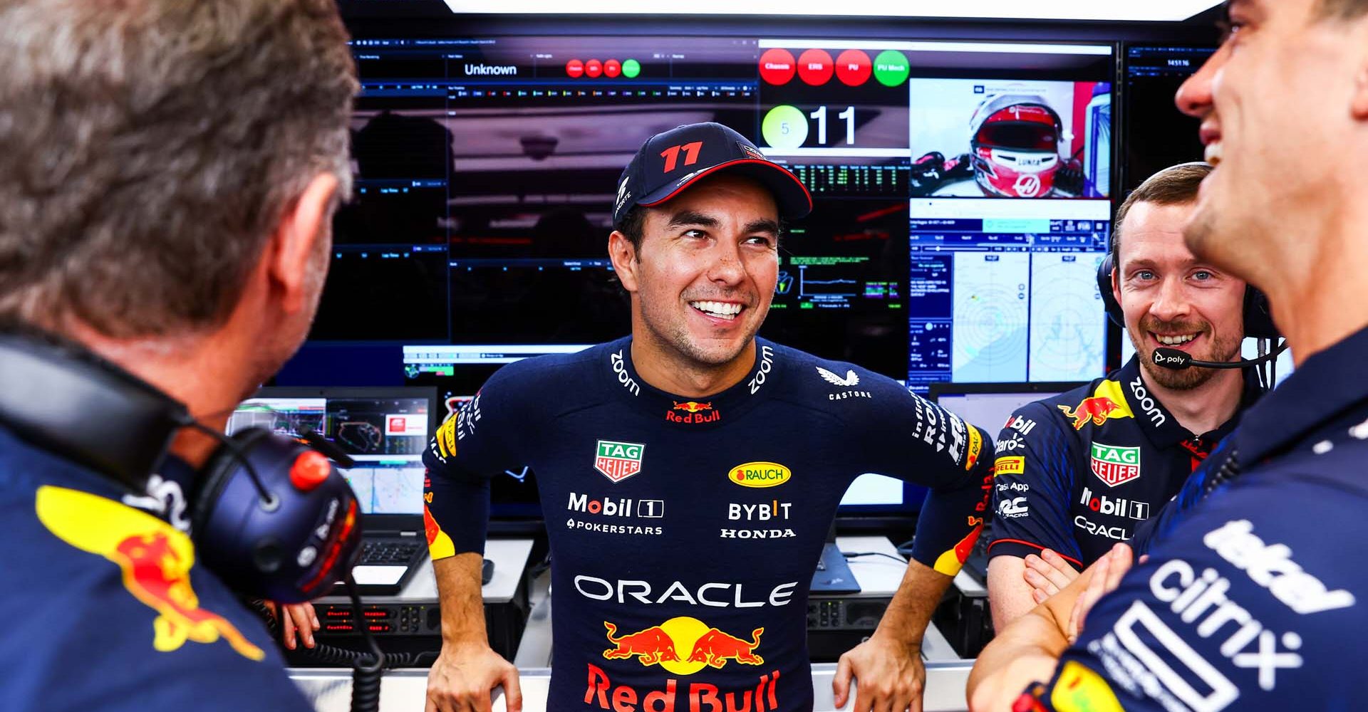 SAO PAULO, BRAZIL - NOVEMBER 03: Sergio Perez of Mexico and Oracle Red Bull Racing looks on in the garage during qualifying ahead of the F1 Grand Prix of Brazil at Autodromo Jose Carlos Pace on November 03, 2023 in Sao Paulo, Brazil. (Photo by Mark Thompson/Getty Images) // Getty Images / Red Bull Content Pool // SI202311031357 // Usage for editorial use only //