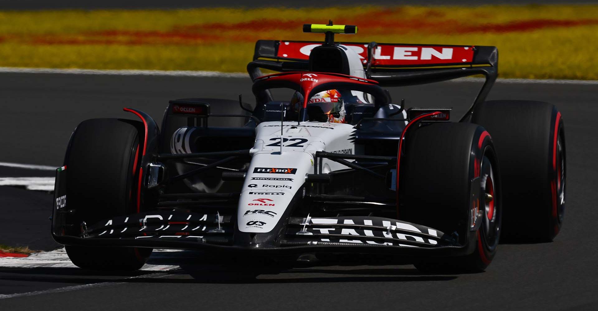 NORTHAMPTON, ENGLAND - JULY 07: Yuki Tsunoda of Japan driving the (22) Scuderia AlphaTauri AT04 on track during practice ahead of the F1 Grand Prix of Great Britain at Silverstone Circuit on July 07, 2023 in Northampton, England. (Photo by Dan Mullan/Getty Images)