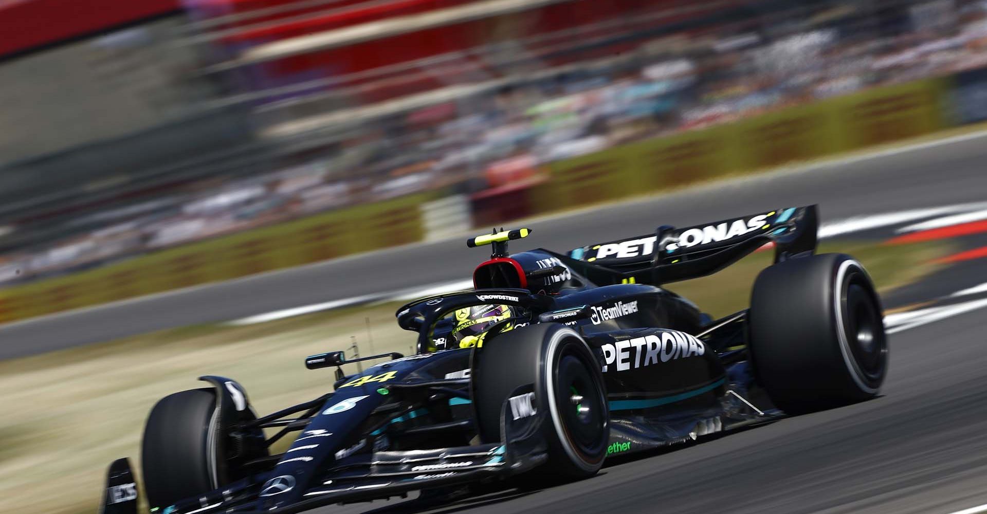 SILVERSTONE CIRCUIT, UNITED KINGDOM - JULY 07: Sir Lewis Hamilton, Mercedes F1 W14 during the British GP at Silverstone Circuit on Friday July 07, 2023 in Northamptonshire, United Kingdom. (Photo by Andy Hone / LAT Images)