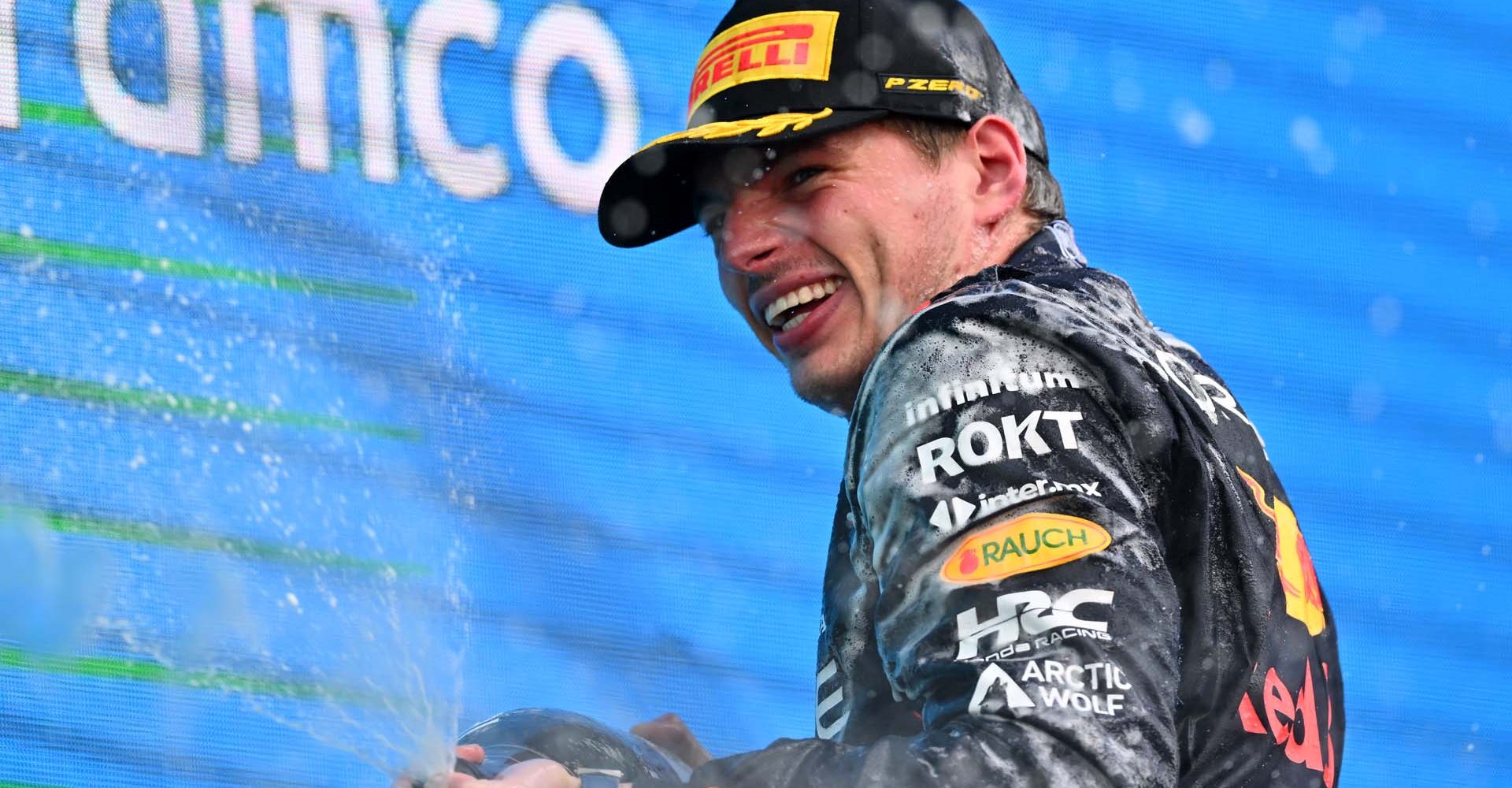 NORTHAMPTON, ENGLAND - JULY 09: Race winner Max Verstappen of the Netherlands and Oracle Red Bull Racing celebrates on the podium during the F1 Grand Prix of Great Britain at Silverstone Circuit on July 09, 2023 in Northampton, England. (Photo by Dan Mullan/Getty Images)