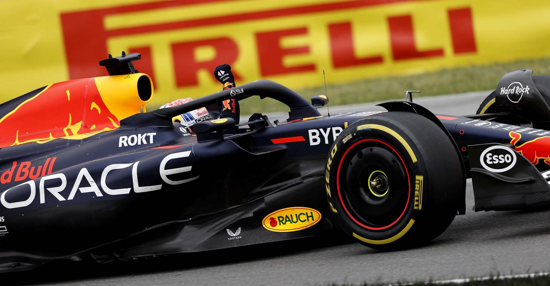 CIRCUIT GILLES-VILLENEUVE, CANADA - JUNE 18: Max Verstappen, Red Bull Racing RB19, 1st position, celebrates on his way to Parc Ferme during the Canadian GP at Circuit Gilles-Villeneuve on Sunday June 18, 2023 in Montreal, Canada. (Photo by Andy Hone / LAT Images)