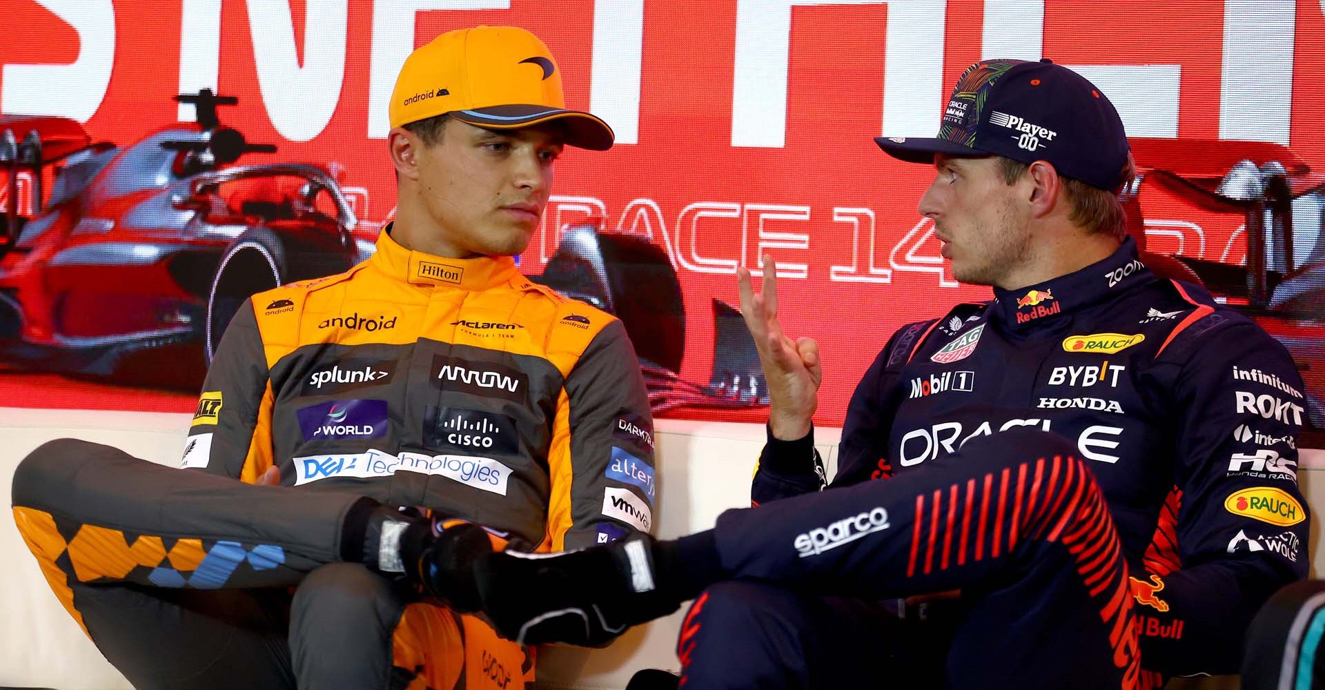 ZANDVOORT, NETHERLANDS - AUGUST 26: Pole position qualifier Max Verstappen of the Netherlands and Oracle Red Bull Racing (R), Second placed qualifier Lando Norris of Great Britain and McLaren (L) and attend the press conference after qualifying ahead of the F1 Grand Prix of The Netherlands at Circuit Zandvoort on August 26, 2023 in Zandvoort, Netherlands. (Photo by Bryn Lennon/Getty Images) // Getty Images / Red Bull Content Pool // SI202308260424 // Usage for editorial use only //