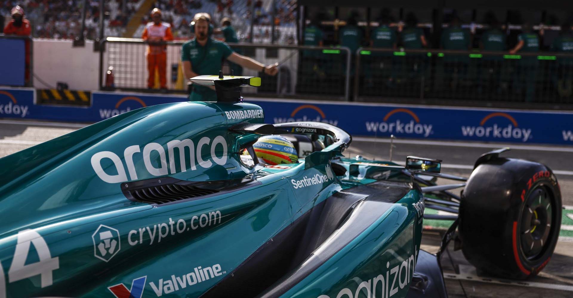 action, Autodromo Nazionale di Monza, GP2314a, F1, GP, Italy
Fernando Alonso, Aston Martin AMR23, leaves the garage