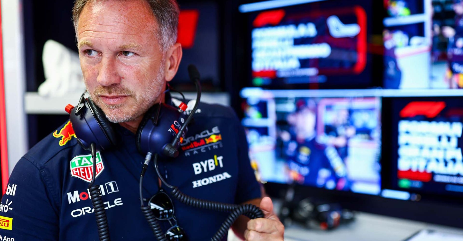 MONZA, ITALY - SEPTEMBER 01: Red Bull Racing Team Principal Christian Horner looks on in the garage during practice ahead of the F1 Grand Prix of Italy at Autodromo Nazionale Monza on September 01, 2023 in Monza, Italy. (Photo by Mark Thompson/Getty Images) // Getty Images / Red Bull Content Pool // SI202309010379 // Usage for editorial use only //