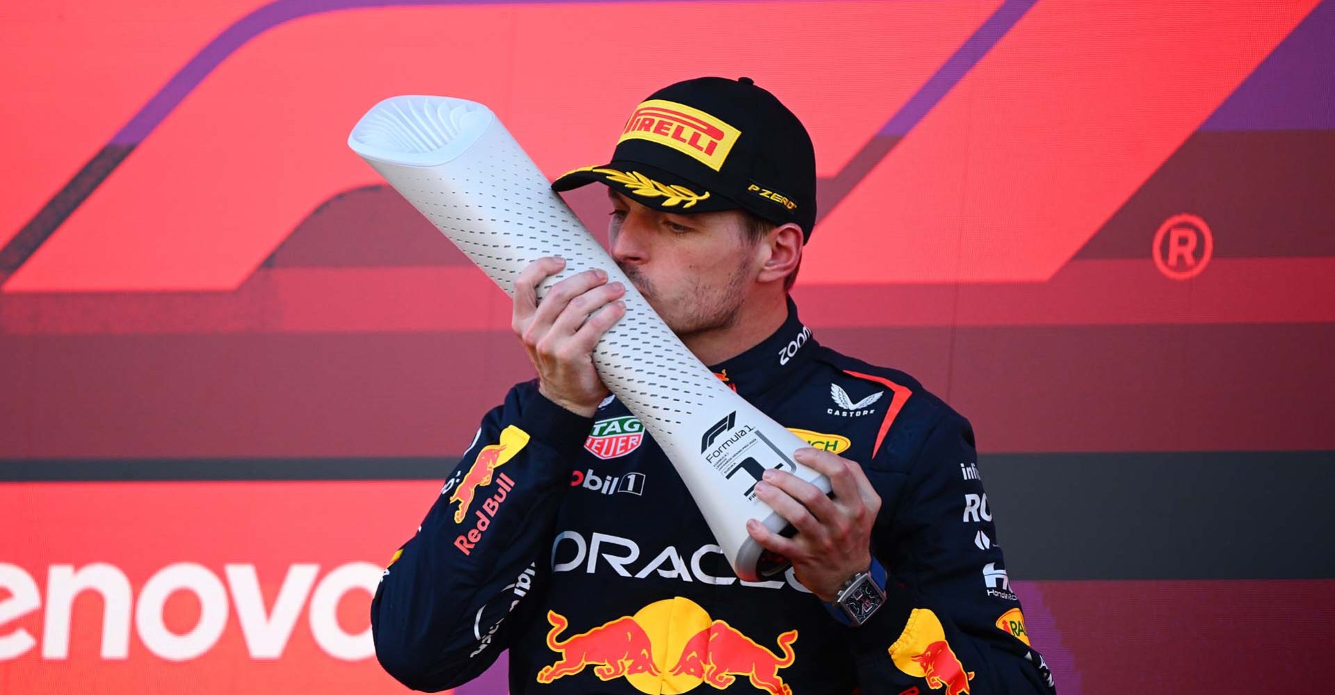 SUZUKA, JAPAN - SEPTEMBER 24: Race winner Max Verstappen of the Netherlands and Oracle Red Bull Racing celebrates on the podium during the F1 Grand Prix of Japan at Suzuka International Racing Course on September 24, 2023 in Suzuka, Japan. (Photo by Clive Mason/Getty Images) // Getty Images / Red Bull Content Pool // SI202309240187 // Usage for editorial use only //