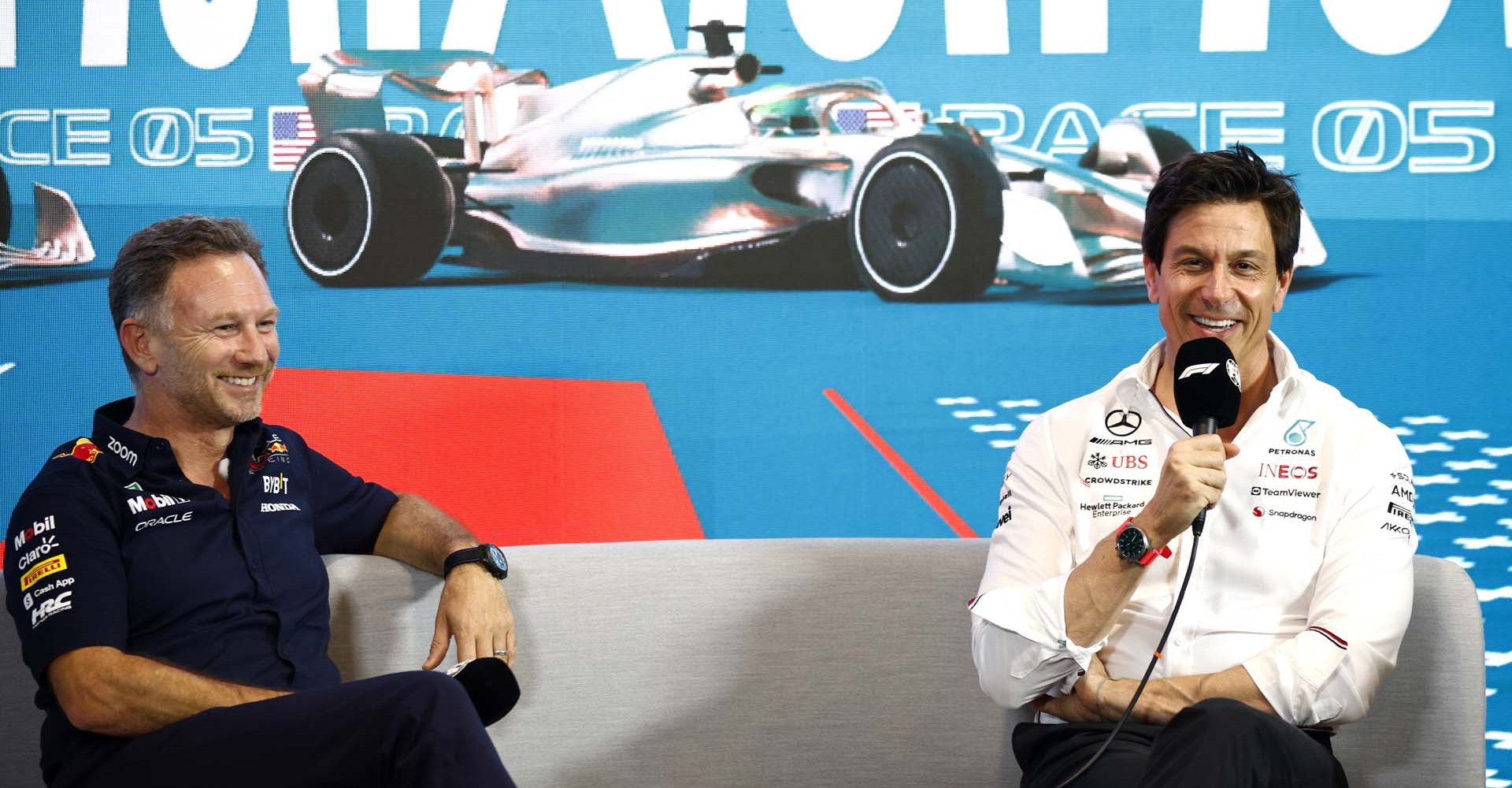 MIAMI, FLORIDA - MAY 05: Red Bull Racing Team Principal Christian Horner and Mercedes GP Executive Director Toto Wolff talk in the Team Principals Press Conference during practice ahead of the F1 Grand Prix of Miami at Miami International Autodrome on May 05, 2023 in Miami, Florida. (Photo by Jared C. Tilton/Getty Images)