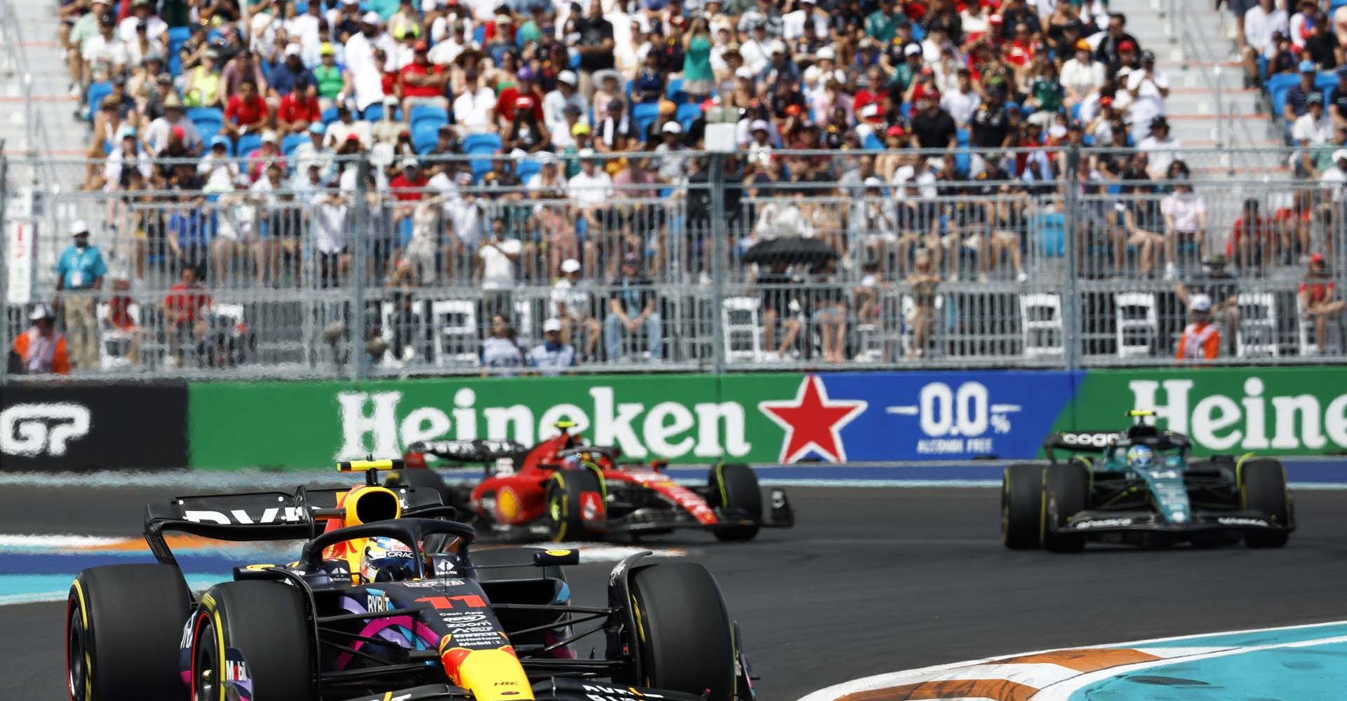 MIAMI, FLORIDA - MAY 07: Sergio Perez of Mexico driving the (11) Oracle Red Bull Racing RB19 on track during the F1 Grand Prix of Miami at Miami International Autodrome on May 07, 2023 in Miami, Florida. (Photo by Chris Graythen/Getty Images)