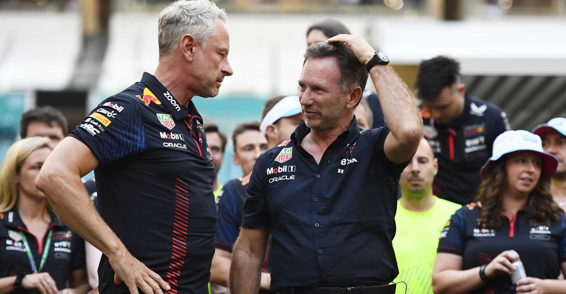 MIAMI, FLORIDA - MAY 07: Red Bull Racing Team Manager Jonathan Wheatley talks with Red Bull Racing Team Principal Christian Horner in the Paddock after the F1 Grand Prix of Miami at Miami International Autodrome on May 07, 2023 in Miami, Florida. (Photo by Rudy Carezzevoli/Getty Images)