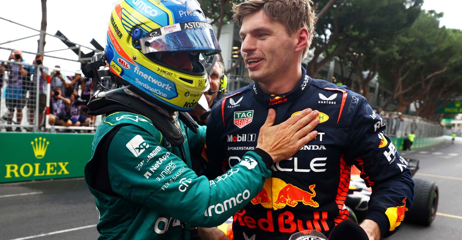 MONTE-CARLO, MONACO - MAY 28: Race winner Max Verstappen of the Netherlands and Oracle Red Bull Racing and Second placed Fernando Alonso of Spain and Aston Martin F1 Team celebrate in parc ferme during the F1 Grand Prix of Monaco at Circuit de Monaco on May 28, 2023 in Monte-Carlo, Monaco. (Photo by Mark Thompson/Getty Images)