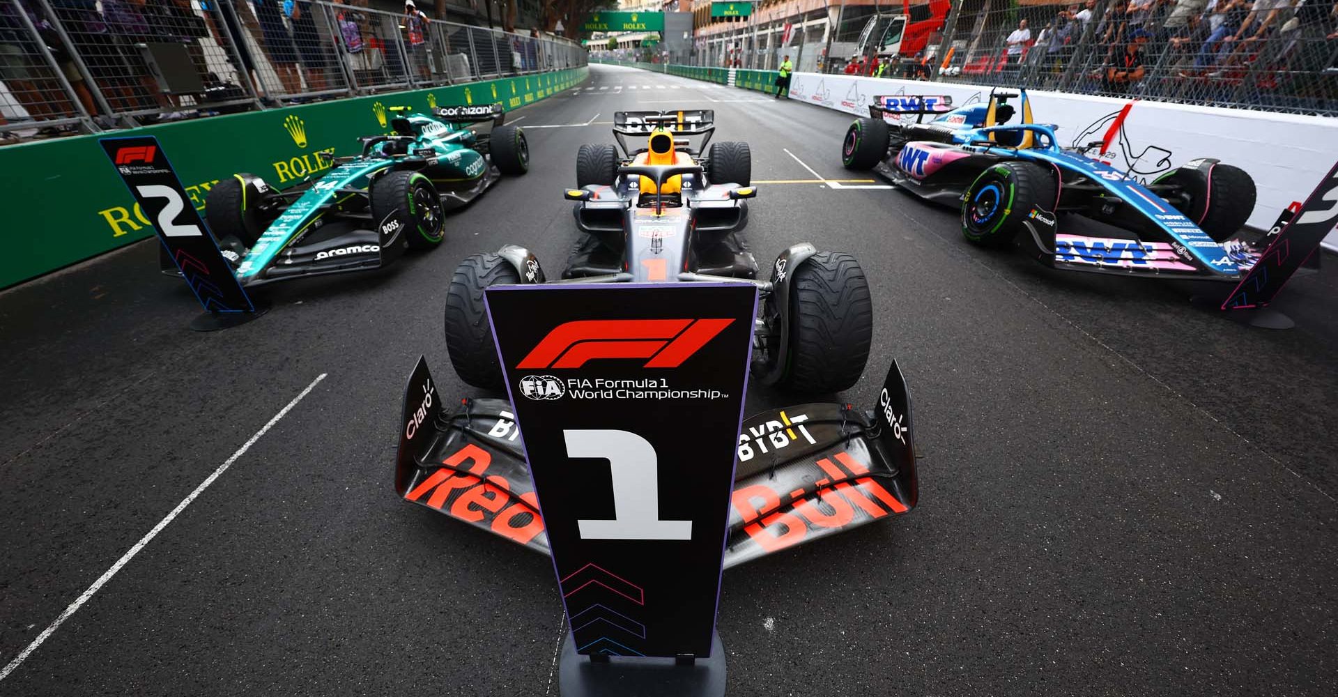 MONTE-CARLO, MONACO - MAY 28: The cars of race winner, Max Verstappen of the Netherlands and Oracle Red Bull Racing, second placed Fernando Alonso of Spain and Aston Martin F1 Team and third placed Esteban Ocon of France and Alpine F1 are seen in parc ferme during the F1 Grand Prix of Monaco at Circuit de Monaco on May 28, 2023 in Monte-Carlo, Monaco. (Photo by Mark Thompson/Getty Images)